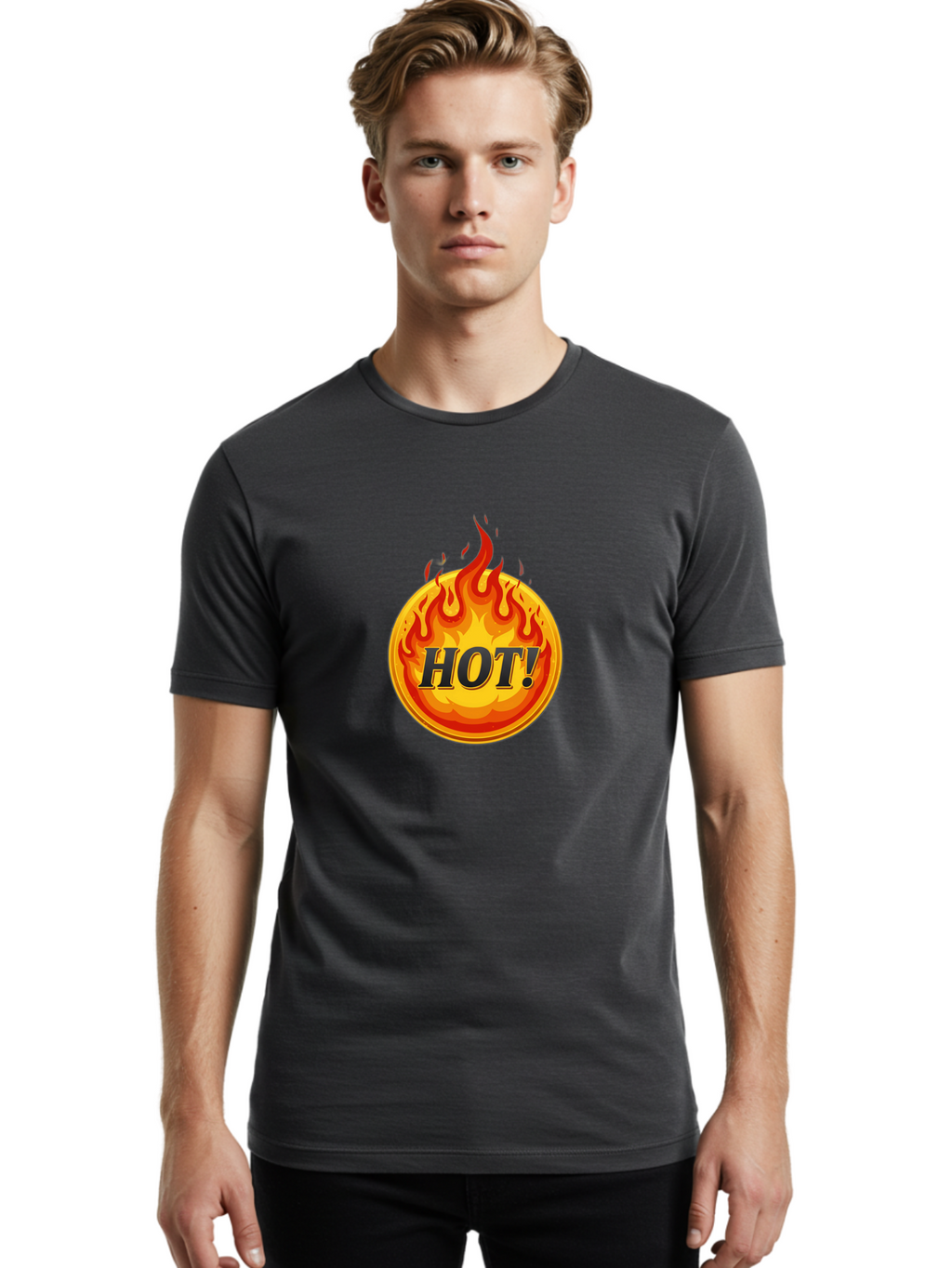 Hot-7 Men'S Graphic Tee, 100% Cotton, Comfortable Casual Summer Wear, Machine Washable, Flame Design, Fiery Graphic, Hot Item, Bold Typography, Fiery Theme, Hot! Text, Vibrant Colors, Energetic Vibe, Dynamic Illustration Baa806