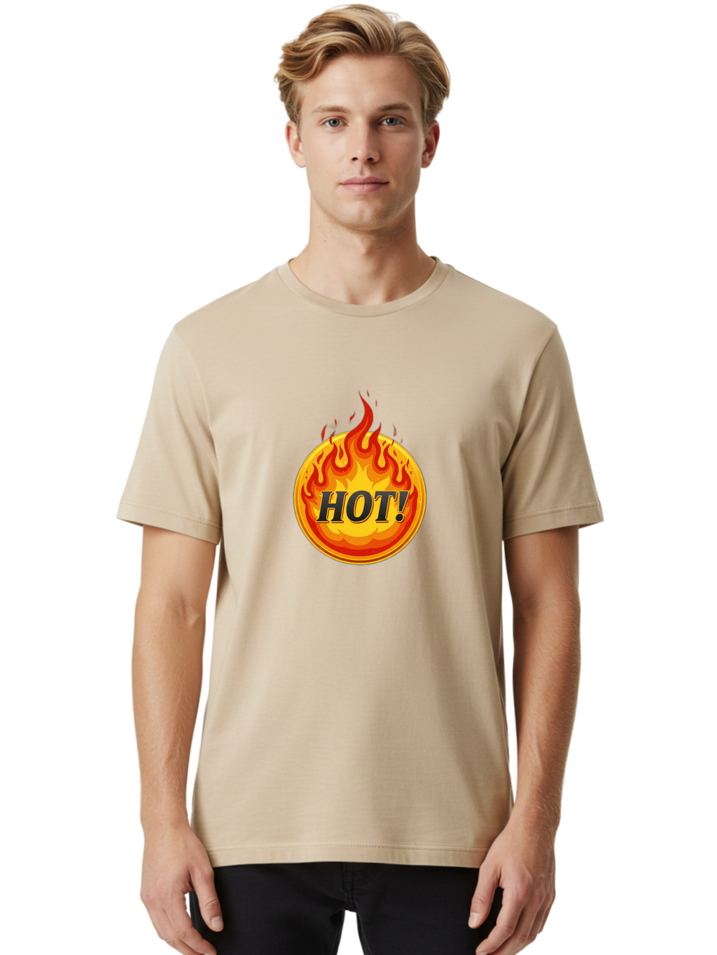 Hot-7 Men'S Graphic Tee, 100% Cotton, Comfortable Casual Summer Wear, Machine Washable, Flame Design, Fiery Graphic, Hot Item, Bold Typography, Fiery Theme, Hot! Text, Vibrant Colors, Energetic Vibe, Dynamic Illustration Baa806