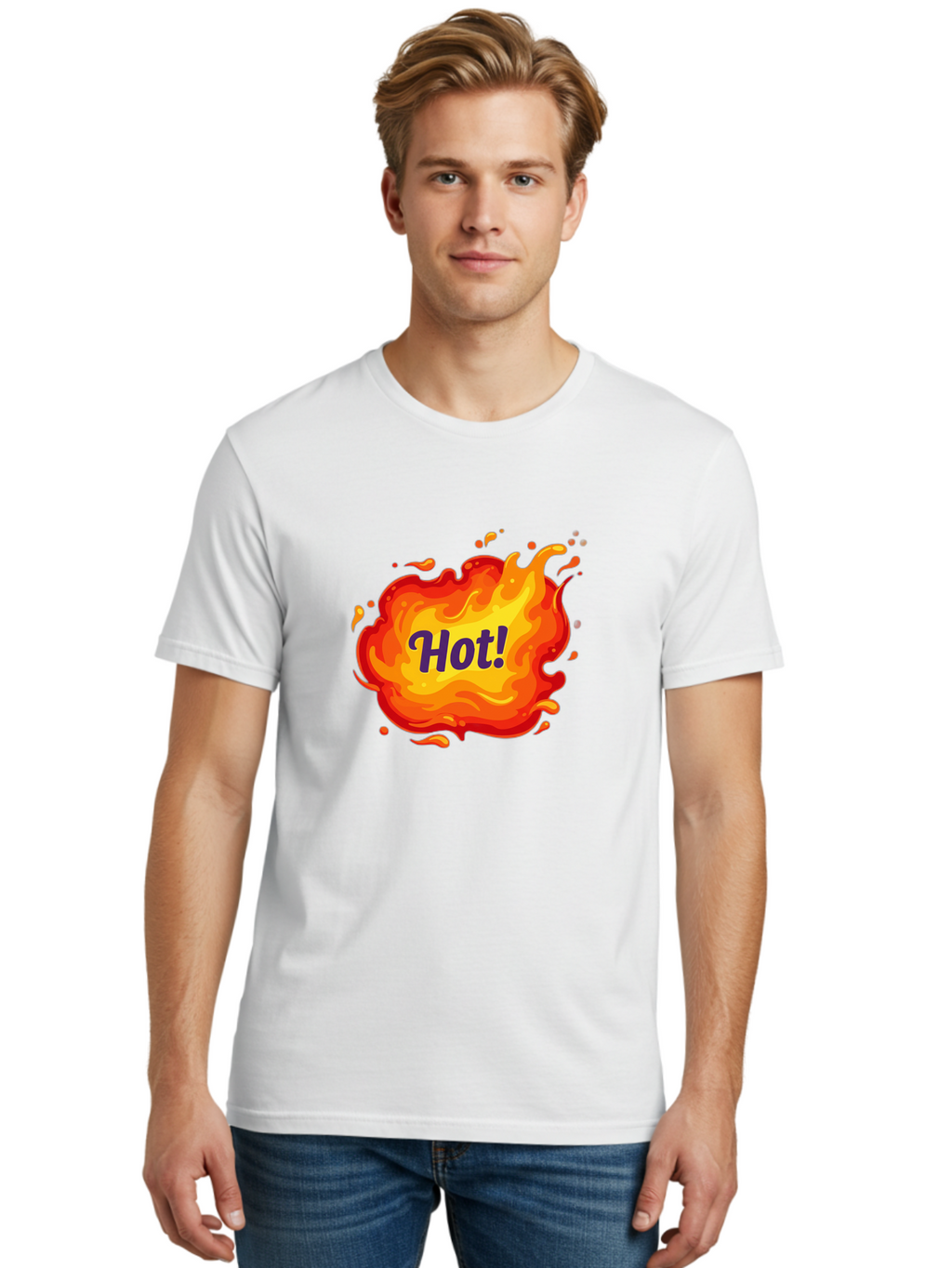 Hot-8 Men'S Graphic Tee, 100% Cotton, Comfortable Casual Summer Wear, Machine Washable, Hot!, Fiery Splatter, Vibrant Colors, Energetic Design, Attention-Grabbing Graphic, Bold Typography, Flames, Splashes, Dynamic Illustration Baa807