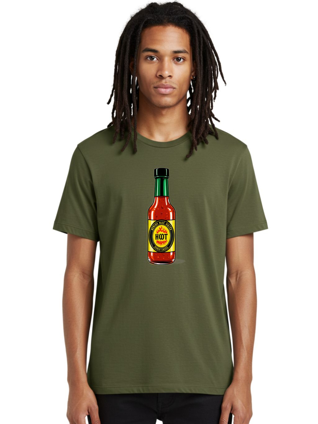 Hot-Hot-Sauce Men'S Graphic Tee, 100% Cotton, Comfortable Casual Summer Wear, Machine Washable, Hot Sauce Bottle, Spicy Condiment, Red Sauce, Black Cap, Bold Label, Brian Mee Duke, Flavorful Kick, Culinary Delight, Condiment, Hot Bomie Sauce Baa810