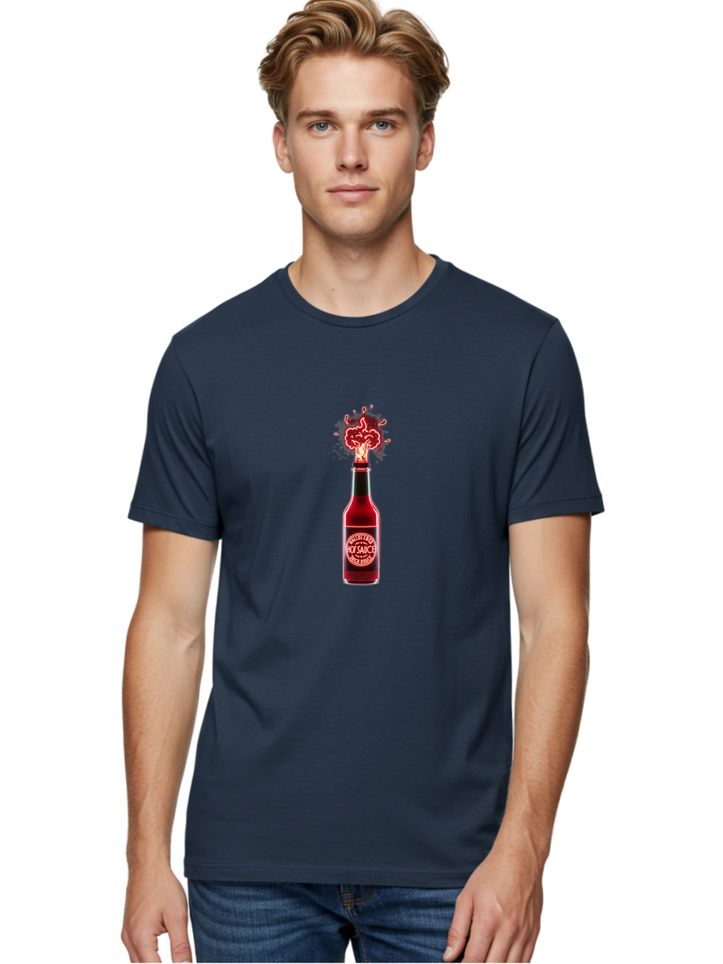 Hot-Sauce-1 Men'S Graphic Tee, 100% Cotton, Comfortable Casual Summer Wear, Machine Washable, Hot Sauce Bottle, Spicy Condiment, Fiery Explosion, Condiment Bottle, Hot Sauce Label, Spicy Food, Chili Peppers, Sauce Bottle Baa812