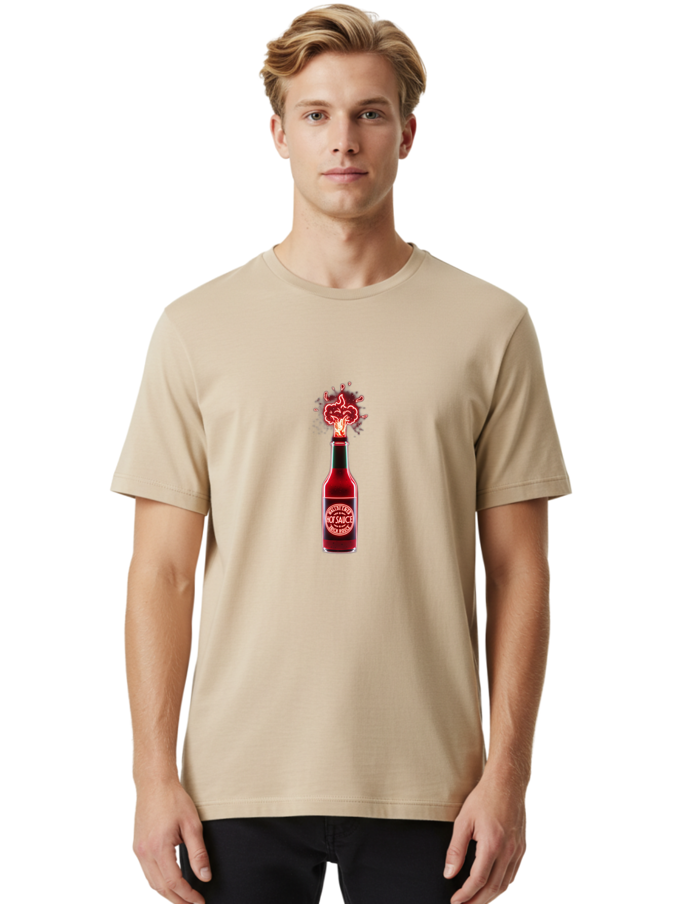 Hot-Sauce-1 Men'S Graphic Tee, 100% Cotton, Comfortable Casual Summer Wear, Machine Washable, Hot Sauce Bottle, Spicy Condiment, Fiery Explosion, Condiment Bottle, Hot Sauce Label, Spicy Food, Chili Peppers, Sauce Bottle Baa812