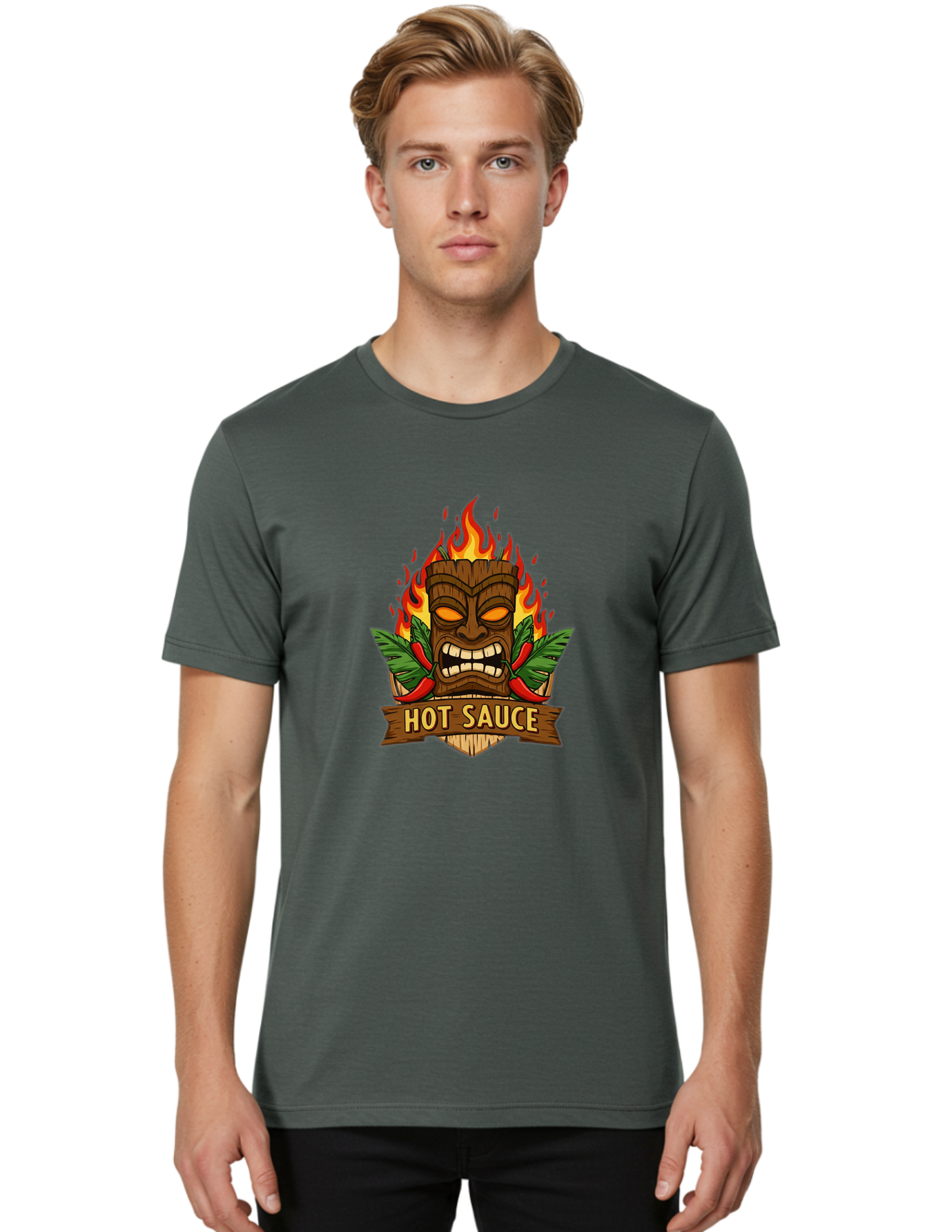 Hot-Sauce-10 Men'S Graphic Tee, 100% Cotton, Comfortable Casual Summer Wear, Machine Washable, Glowing Tiki Mask, Fiery Flames, Hot Sauce Branding, Chili Peppers, Spicy Food, Tropical Vibes, Condiment, Bbq Sauce, Food Logo Baa813