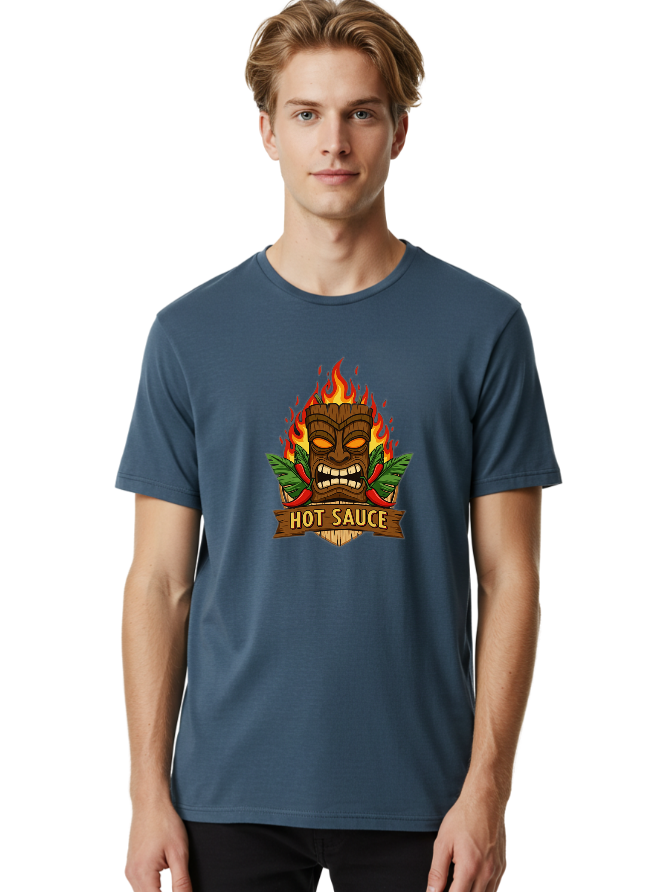 Hot-Sauce-10 Men'S Graphic Tee, 100% Cotton, Comfortable Casual Summer Wear, Machine Washable, Glowing Tiki Mask, Fiery Flames, Hot Sauce Branding, Chili Peppers, Spicy Food, Tropical Vibes, Condiment, Bbq Sauce, Food Logo Baa813