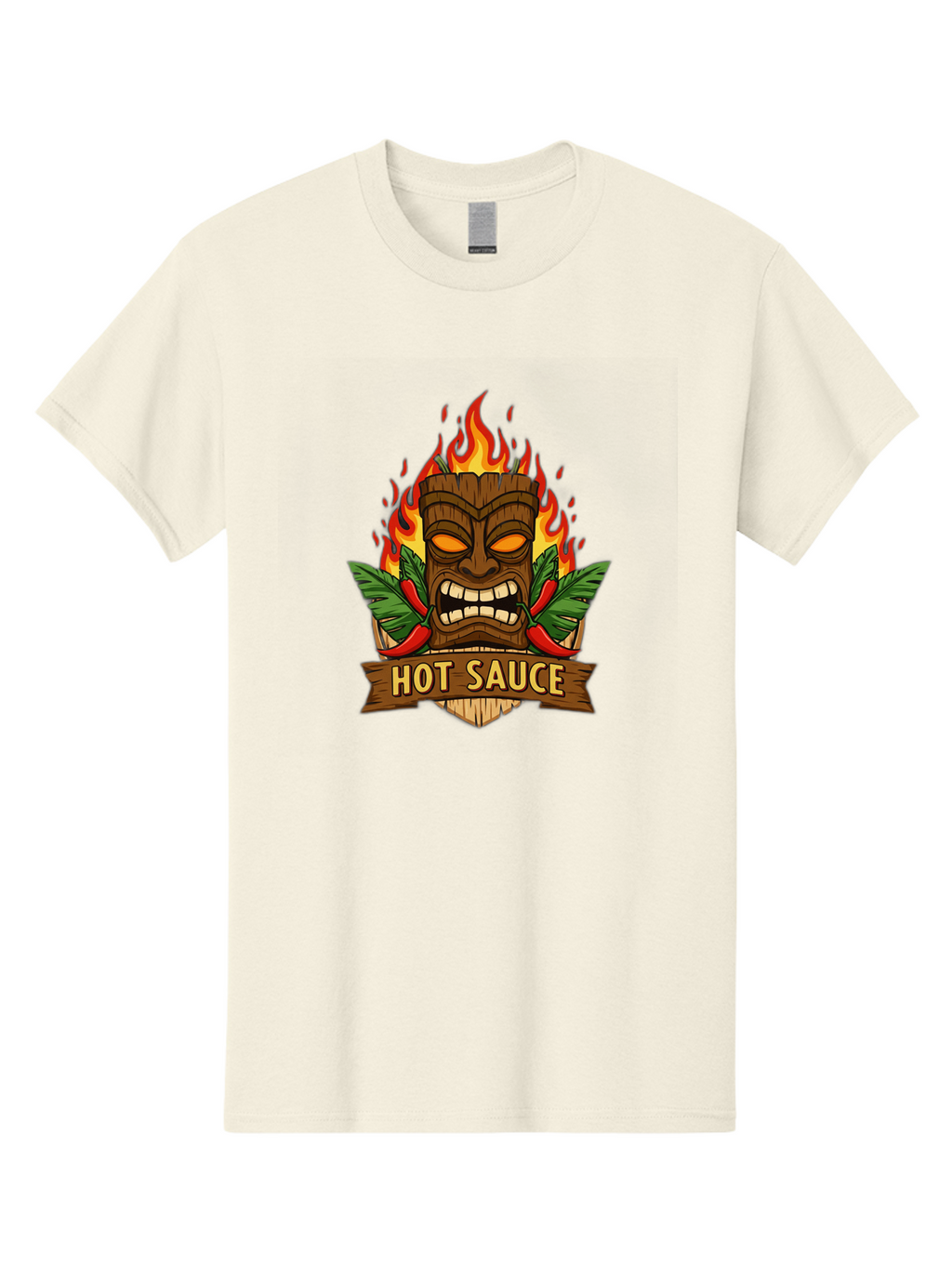 Hot-Sauce-10 Men'S Graphic Tee, 100% Cotton, Comfortable Casual Summer Wear, Machine Washable, Glowing Tiki Mask, Fiery Flames, Hot Sauce Branding, Chili Peppers, Spicy Food, Tropical Vibes, Condiment, Bbq Sauce, Food Logo Baa813