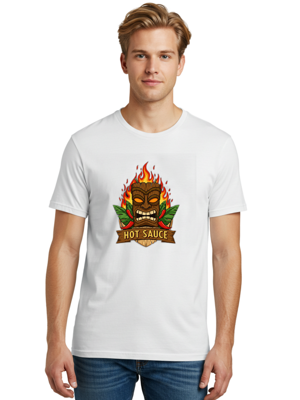 Hot-Sauce-10 Men'S Graphic Tee, 100% Cotton, Comfortable Casual Summer Wear, Machine Washable, Glowing Tiki Mask, Fiery Flames, Hot Sauce Branding, Chili Peppers, Spicy Food, Tropical Vibes, Condiment, Bbq Sauce, Food Logo Baa813