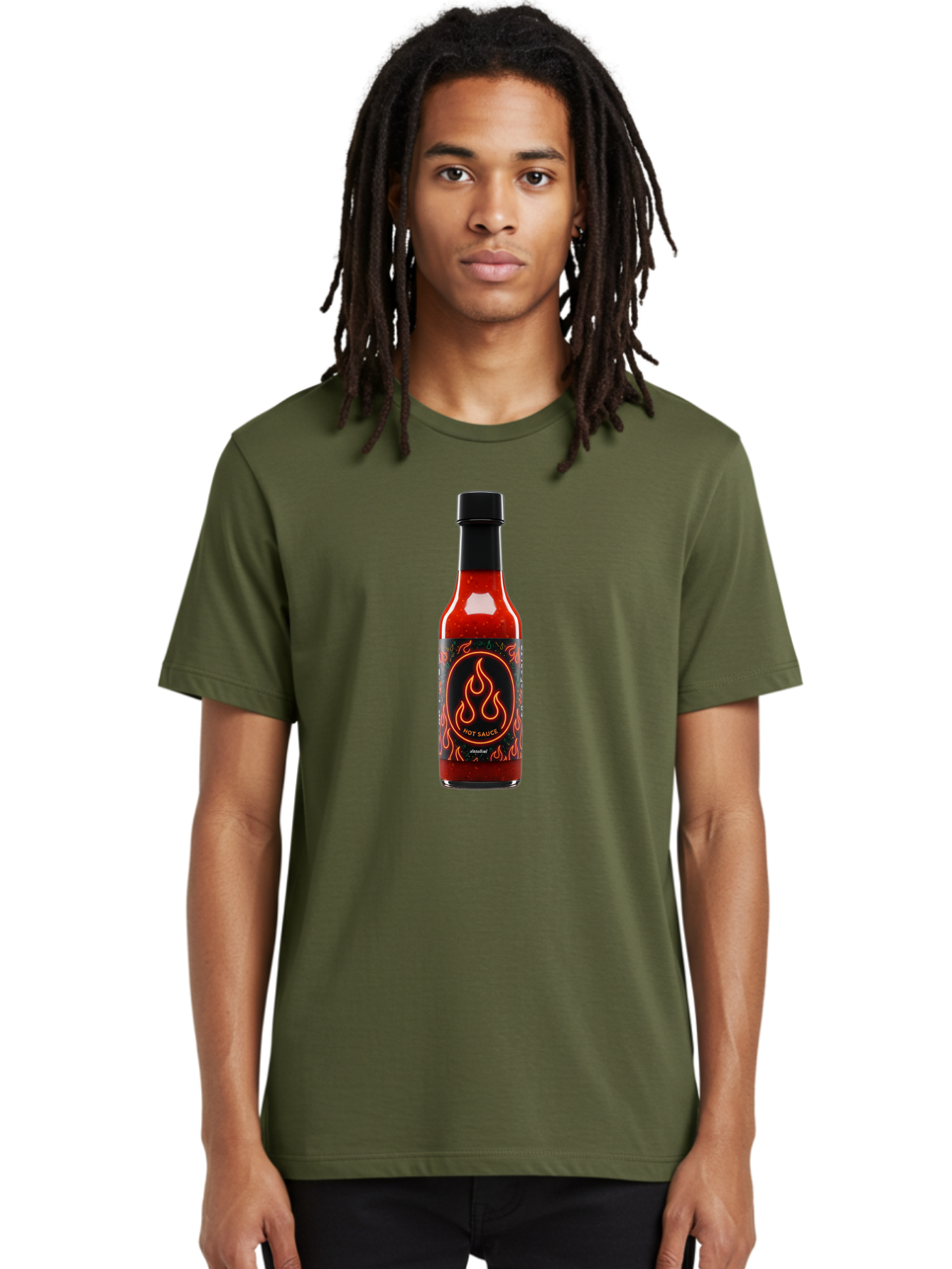 Hot-Sauce-2 Men'S Graphic Tee, 100% Cotton, Comfortable Casual Summer Wear, Machine Washable, Hot Sauce, Spicy Condiment, Chili Peppers, Red Sauce, Glass Bottle, Black Cap, Flame Design, Hot Sauce Bottle, Condiment Bottle, Spicy Food Baa814