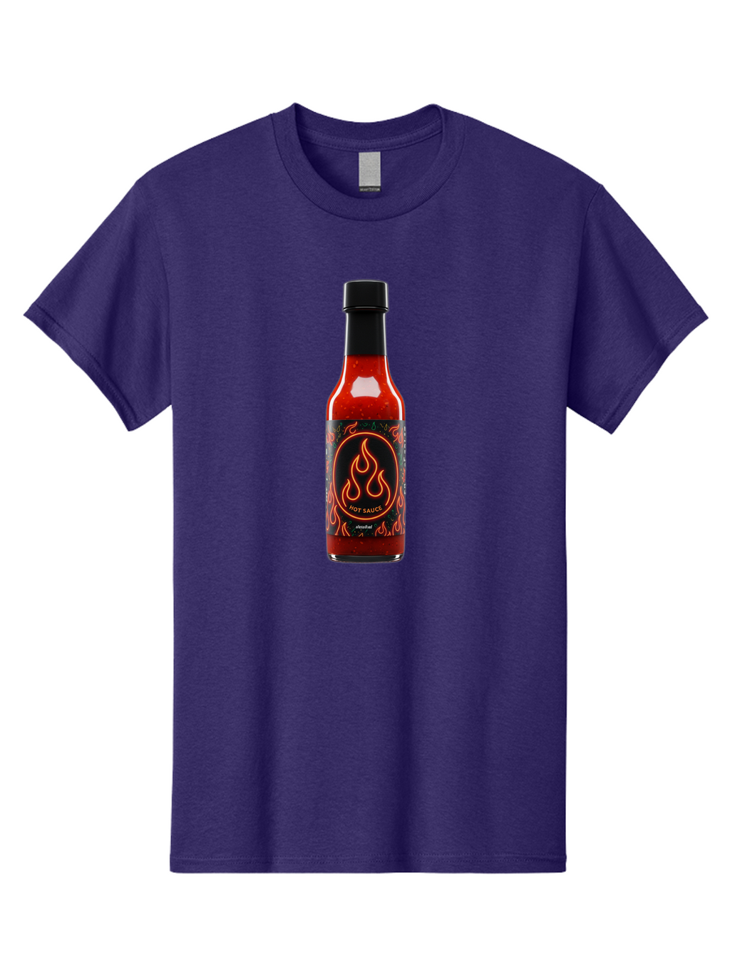 Hot-Sauce-2 Men'S Graphic Tee, 100% Cotton, Comfortable Casual Summer Wear, Machine Washable, Hot Sauce, Spicy Condiment, Chili Peppers, Red Sauce, Glass Bottle, Black Cap, Flame Design, Hot Sauce Bottle, Condiment Bottle, Spicy Food Baa814