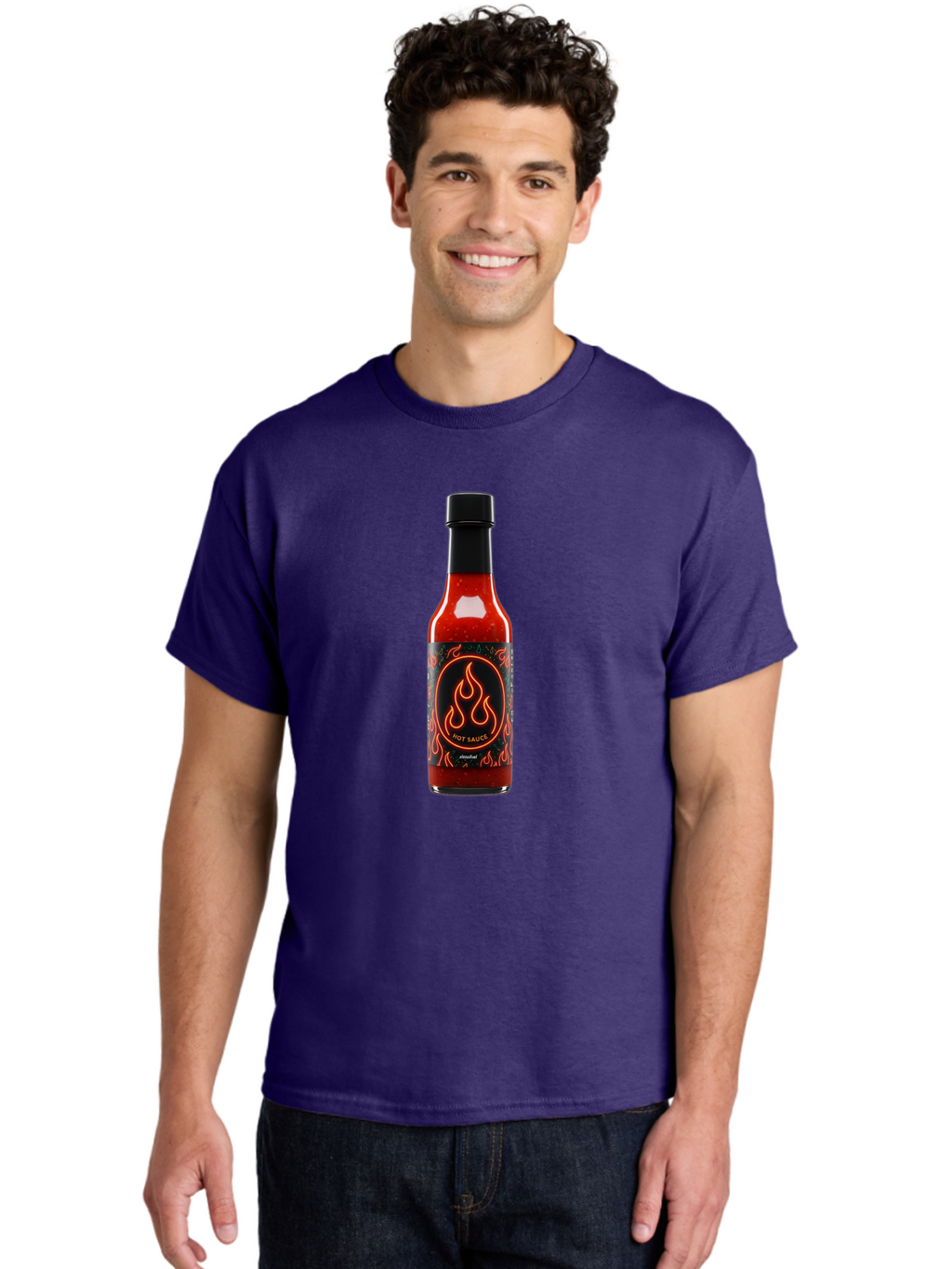 Hot-Sauce-2 Men'S Graphic Tee, 100% Cotton, Comfortable Casual Summer Wear, Machine Washable, Hot Sauce, Spicy Condiment, Chili Peppers, Red Sauce, Glass Bottle, Black Cap, Flame Design, Hot Sauce Bottle, Condiment Bottle, Spicy Food Baa814