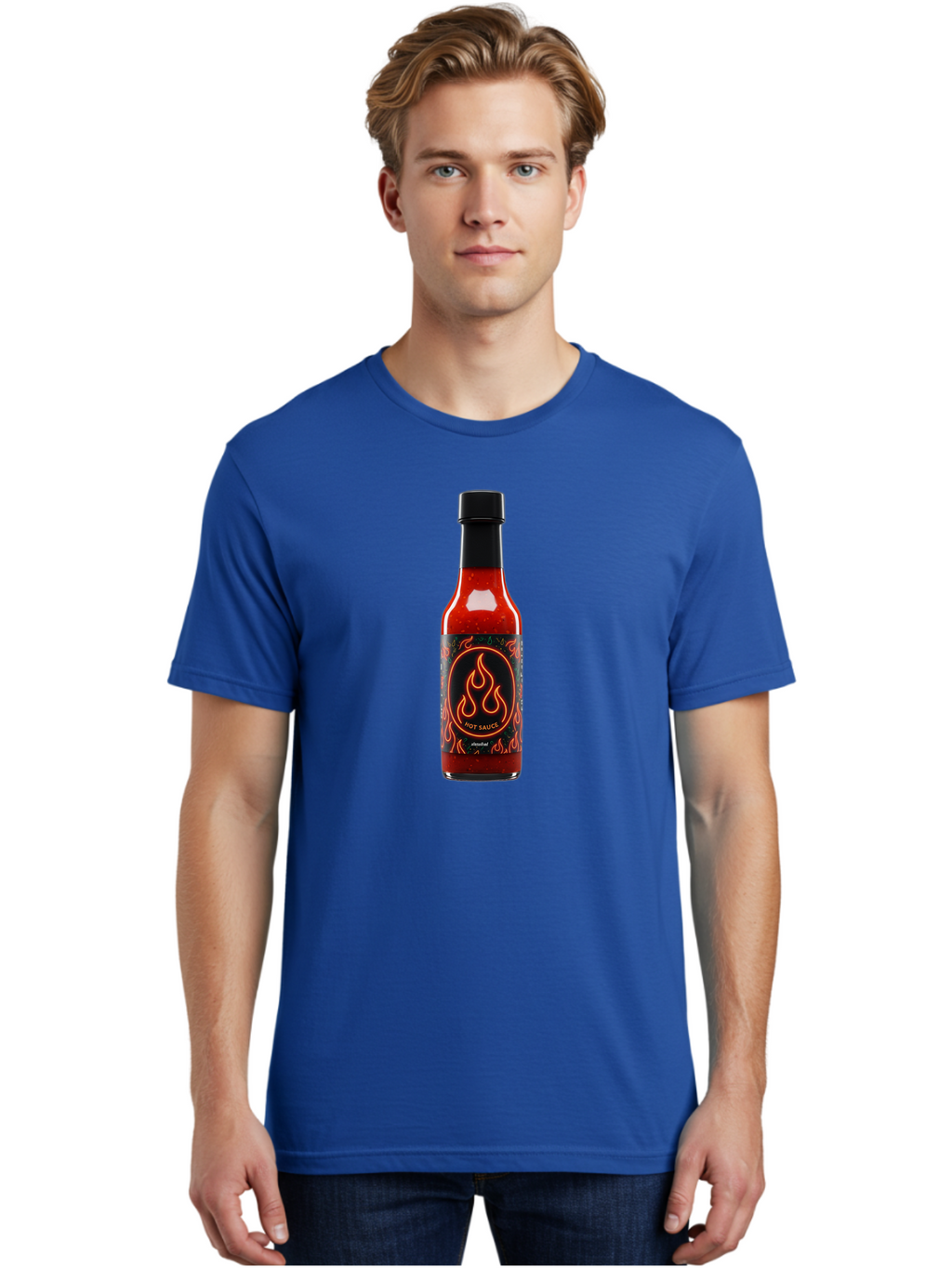 Hot-Sauce-2 Men'S Graphic Tee, 100% Cotton, Comfortable Casual Summer Wear, Machine Washable, Hot Sauce, Spicy Condiment, Chili Peppers, Red Sauce, Glass Bottle, Black Cap, Flame Design, Hot Sauce Bottle, Condiment Bottle, Spicy Food Baa814