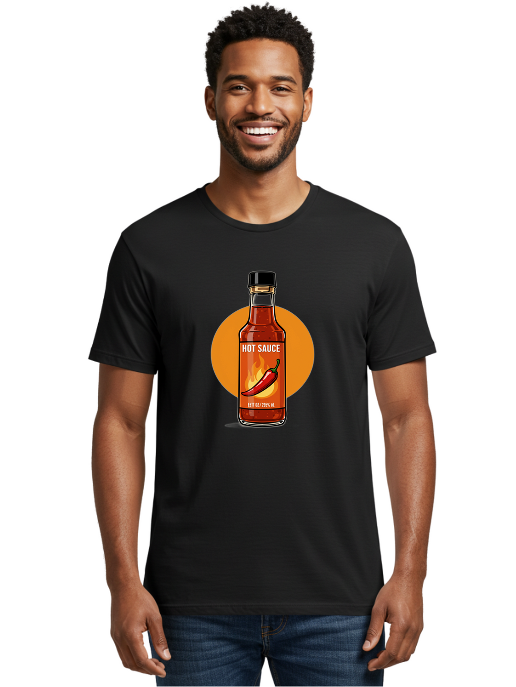 Hot-Sauce-6 Men'S Graphic Tee, 100% Cotton, Comfortable Casual Summer Wear, Machine Washable, Hot Sauce Bottle, Spicy Condiment, Chili Pepper, Fiery Flavor, Condiment Bottle, Hot Sauce Label, Chili Pepper Illustration, Spicy Food, Baa818