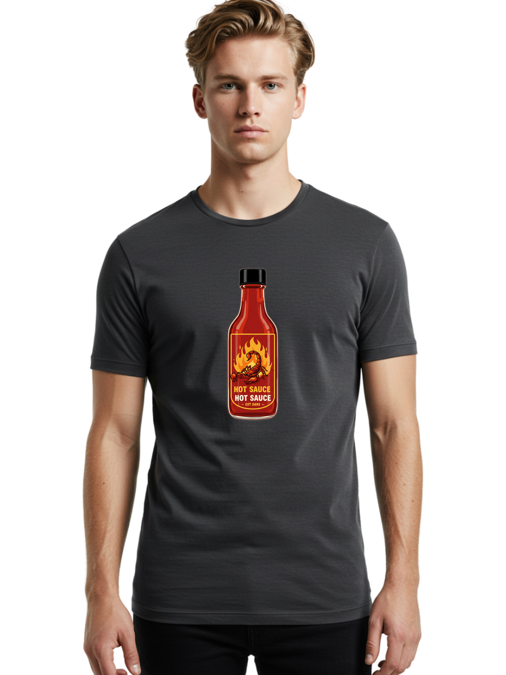 Hot-Sauce-7 Men'S Graphic Tee, 100% Cotton, Comfortable Casual Summer Wear, Machine Washable, Hot Sauce Bottle, Spicy Condiment, Fiery Flavor, Chili Peppers, Hot Sauce Label, Condiment Bottle, Spicy Food, Est Dakk Baa819