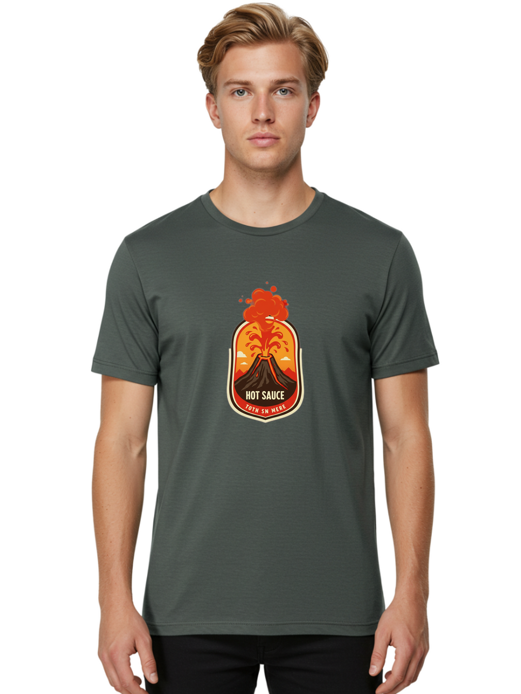 Hot-Sauce-8 Men'S Graphic Tee, 100% Cotton, Comfortable Casual Summer Wear, Machine Washable, Hot Sauce Label, Erupting Volcano, Spicy Food, Condiment Packaging, Fiery Design, Bold Graphics, Cartoon Style, Volcano Eruption, Condiment Branding Baa820