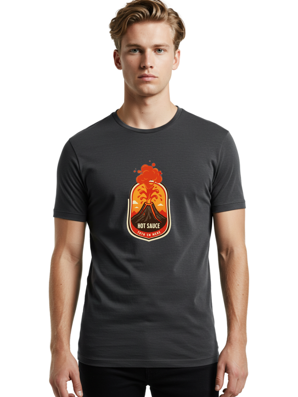 Hot-Sauce-8 Men'S Graphic Tee, 100% Cotton, Comfortable Casual Summer Wear, Machine Washable, Hot Sauce Label, Erupting Volcano, Spicy Food, Condiment Packaging, Fiery Design, Bold Graphics, Cartoon Style, Volcano Eruption, Condiment Branding Baa820