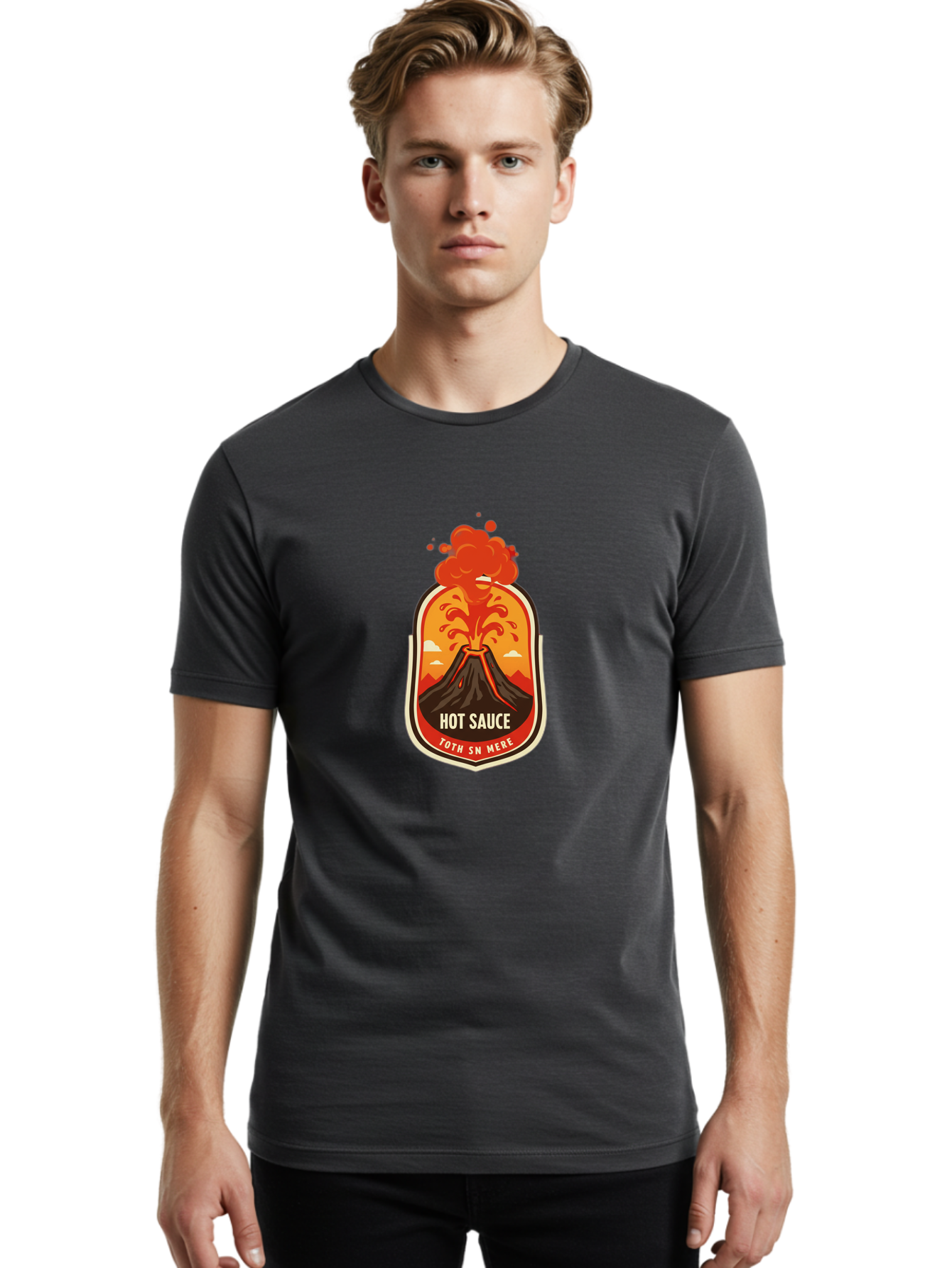 Hot-Sauce-8 Men'S Graphic Tee, 100% Cotton, Comfortable Casual Summer Wear, Machine Washable, Hot Sauce Label, Erupting Volcano, Spicy Food, Condiment Packaging, Fiery Design, Bold Graphics, Cartoon Style, Volcano Eruption, Condiment Branding Baa820