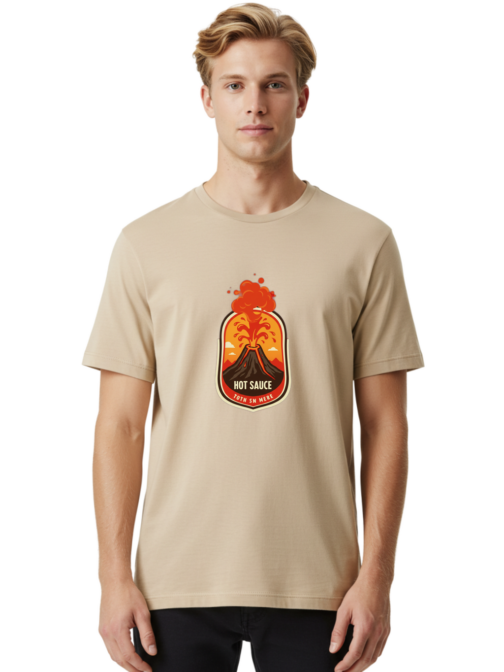 Hot-Sauce-8 Men'S Graphic Tee, 100% Cotton, Comfortable Casual Summer Wear, Machine Washable, Hot Sauce Label, Erupting Volcano, Spicy Food, Condiment Packaging, Fiery Design, Bold Graphics, Cartoon Style, Volcano Eruption, Condiment Branding Baa820