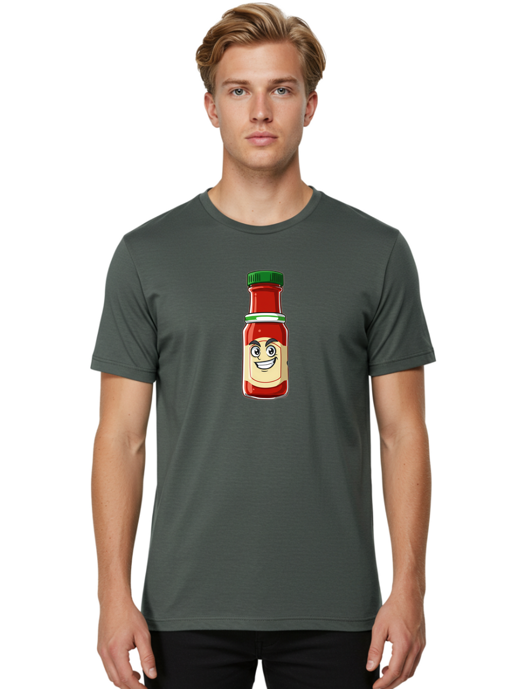 Hot-Sauce-Bottle-1 Men'S Graphic Tee, 100% Cotton, Comfortable Casual Summer Wear, Machine Washable, Cartoon Hot Sauce, Smiling Face, Red Sauce, Green Cap, Condiment Bottle, Humorous Illustration, Ketchup Alternative, Spicy Food, Baa822