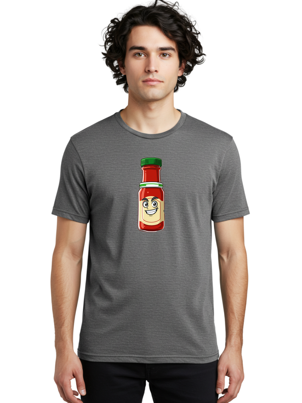 Hot-Sauce-Bottle-1 Men'S Graphic Tee, 100% Cotton, Comfortable Casual Summer Wear, Machine Washable, Cartoon Hot Sauce, Smiling Face, Red Sauce, Green Cap, Condiment Bottle, Humorous Illustration, Ketchup Alternative, Spicy Food, Baa822