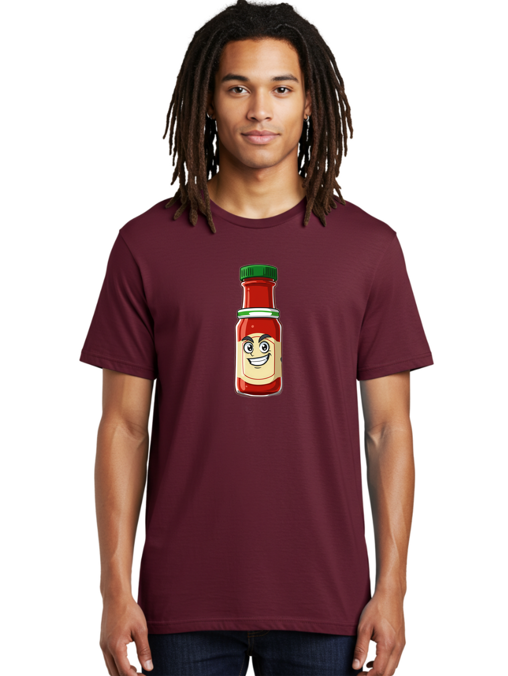 Hot-Sauce-Bottle-1 Men'S Graphic Tee, 100% Cotton, Comfortable Casual Summer Wear, Machine Washable, Cartoon Hot Sauce, Smiling Face, Red Sauce, Green Cap, Condiment Bottle, Humorous Illustration, Ketchup Alternative, Spicy Food, Baa822