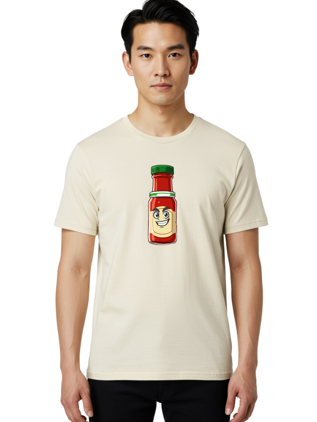 Hot-Sauce-Bottle-1 Men'S Graphic Tee, 100% Cotton, Comfortable Casual Summer Wear, Machine Washable, Cartoon Hot Sauce, Smiling Face, Red Sauce, Green Cap, Condiment Bottle, Humorous Illustration, Ketchup Alternative, Spicy Food, Baa822