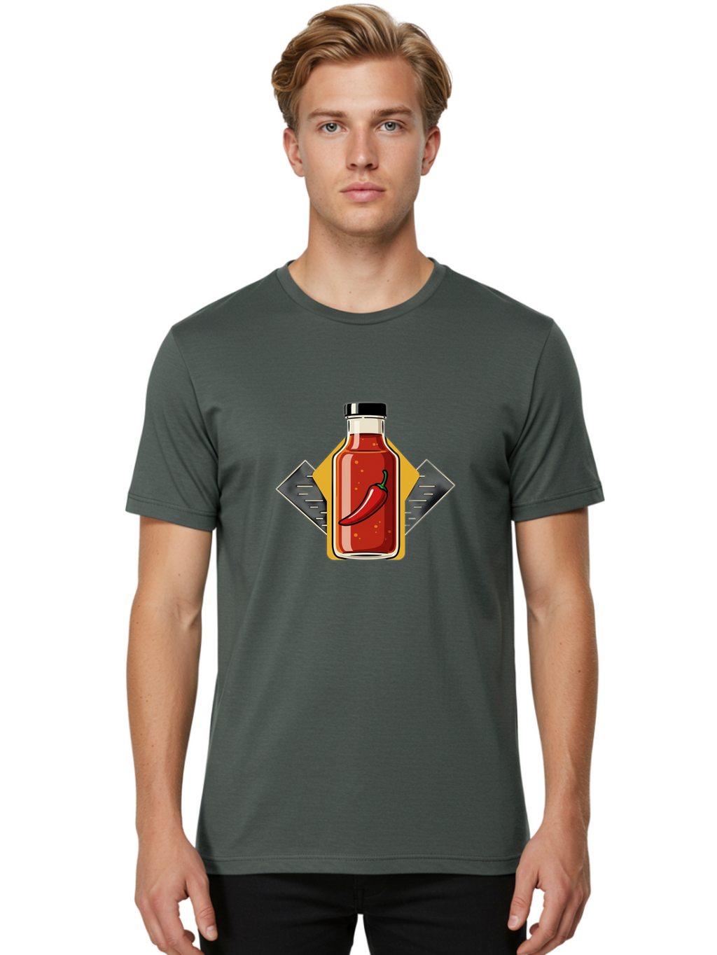 Hot-Sauce-Bottle-12 Men'S Graphic Tee, 100% Cotton, Comfortable Casual Summer Wear, Machine Washable, Hot Sauce, Chili Pepper, Spicy Food, Condiment, Kitchen Essentials, Flavorful Cuisine, Spicy Condiments, Hot Sauce Bottle Baa825