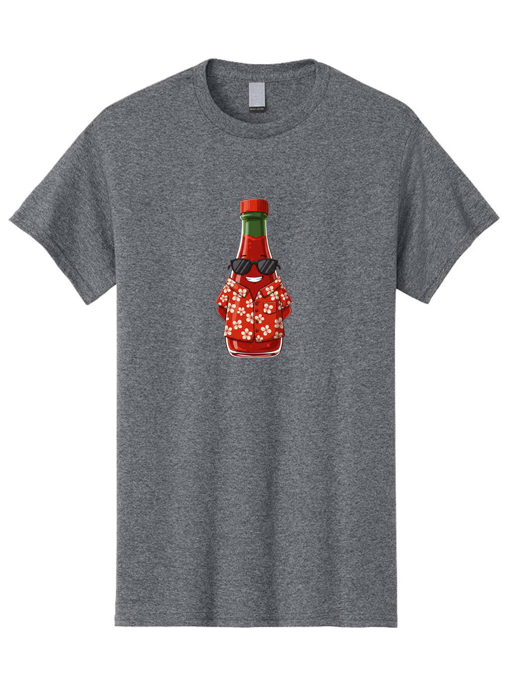 Hot-Sauce-Bottle-2 Men'S Graphic Tee, 100% Cotton, Comfortable Casual Summer Wear, Machine Washable, Sriracha Bottle Character, Cartoon Hot Sauce, Sriracha Mascot, Hot Sauce Bottle, Sunglasses, Hawaiian Shirt, White Flowers, Baa826