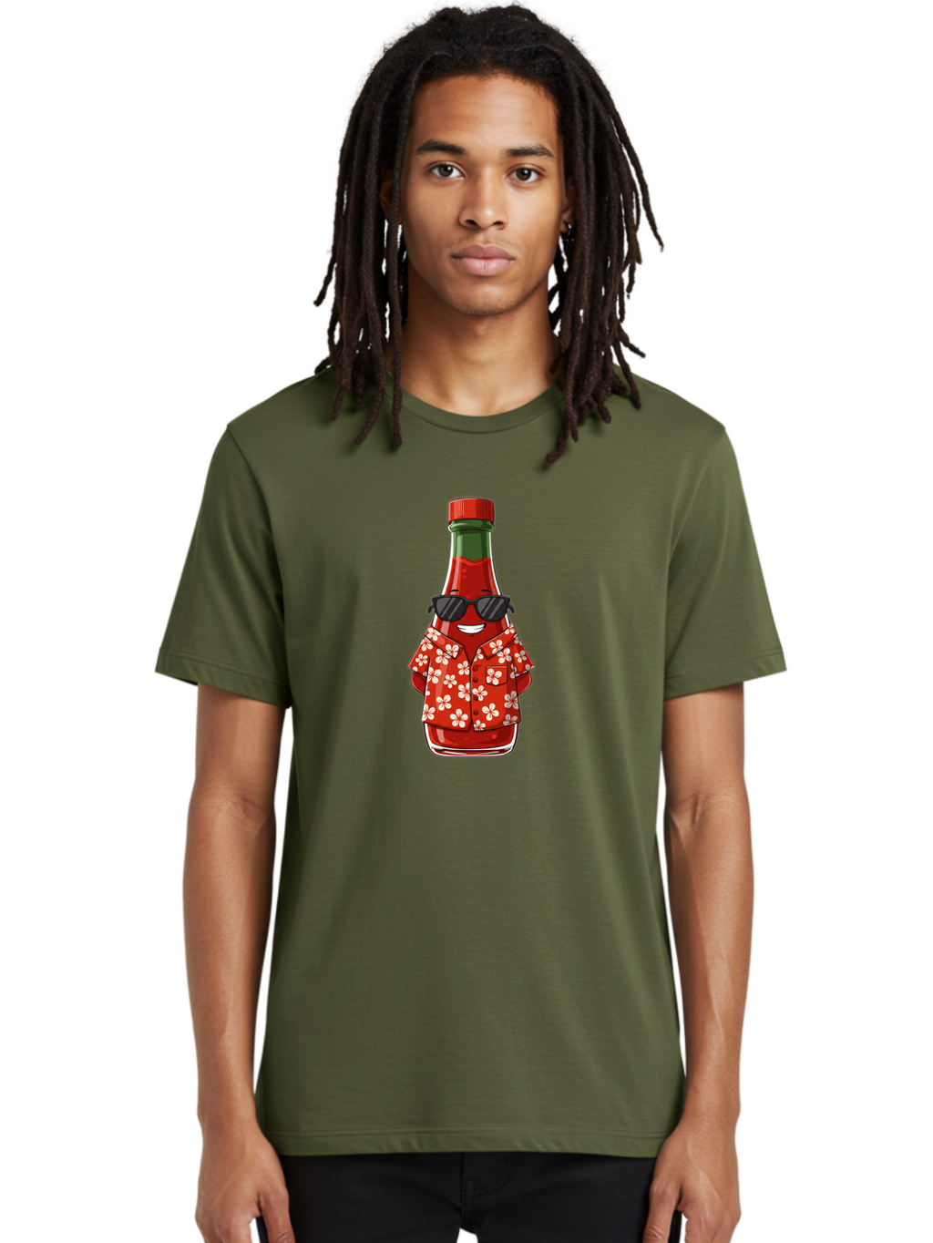 Hot-Sauce-Bottle-2 Men'S Graphic Tee, 100% Cotton, Comfortable Casual Summer Wear, Machine Washable, Sriracha Bottle Character, Cartoon Hot Sauce, Sriracha Mascot, Hot Sauce Bottle, Sunglasses, Hawaiian Shirt, White Flowers, Baa826