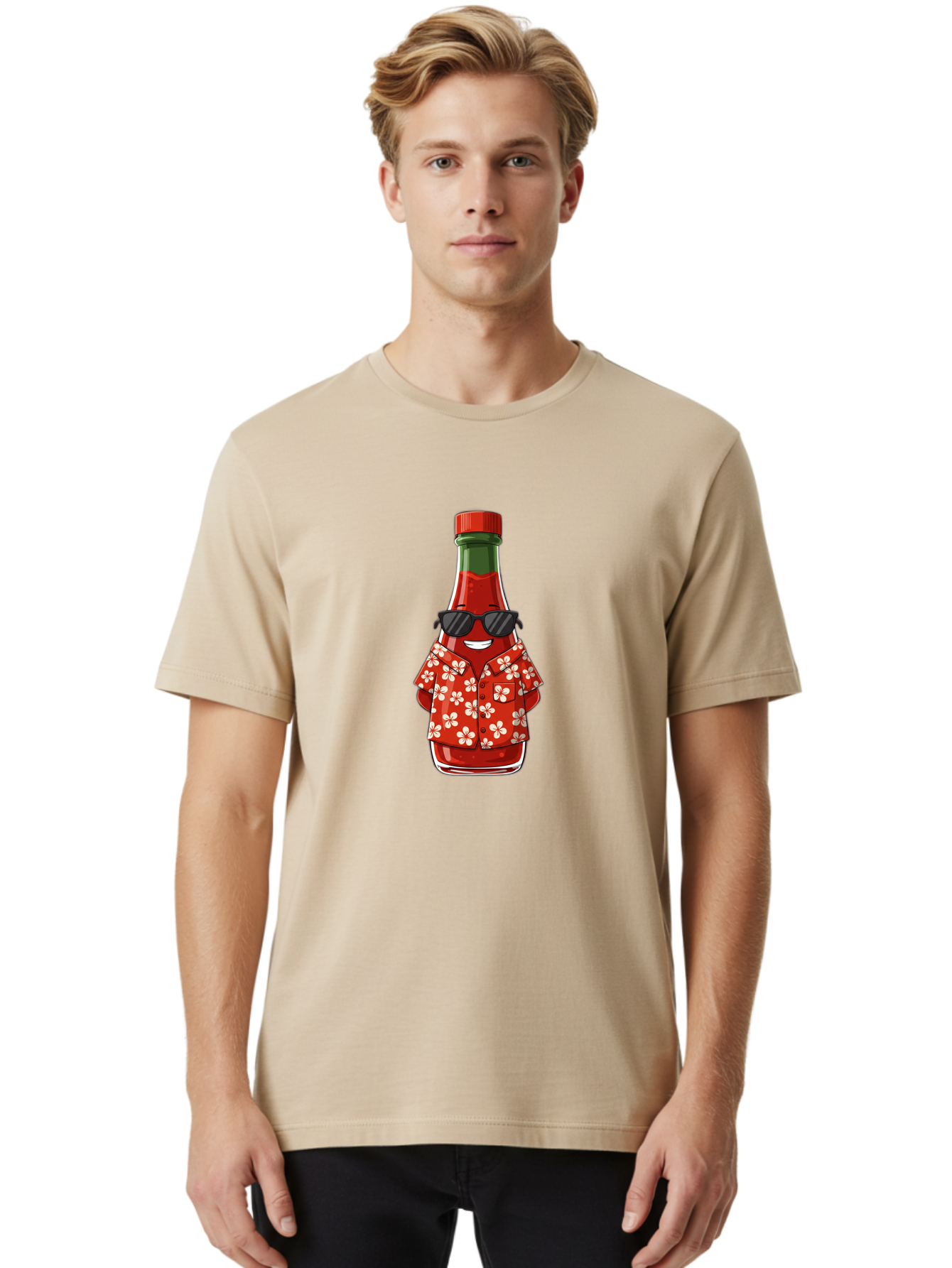 Hot-Sauce-Bottle-2 Men'S Graphic Tee, 100% Cotton, Comfortable Casual Summer Wear, Machine Washable, Sriracha Bottle Character, Cartoon Hot Sauce, Sriracha Mascot, Hot Sauce Bottle, Sunglasses, Hawaiian Shirt, White Flowers, Baa826