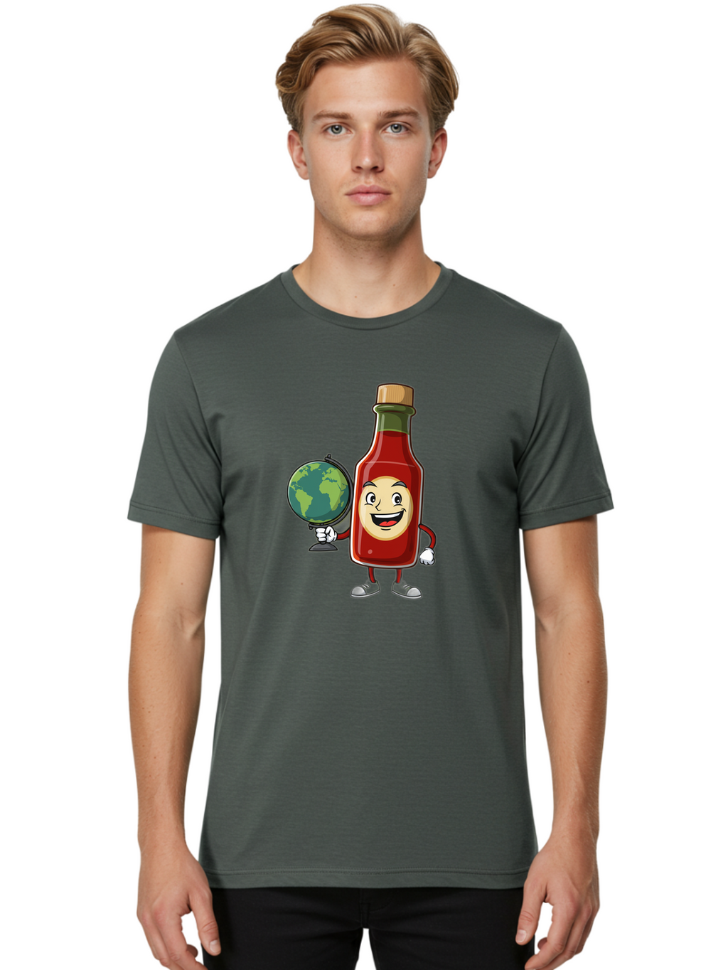 Hot-Sauce-Bottle-3 Men'S Graphic Tee, 100% Cotton, Comfortable Casual Summer Wear, Machine Washable, Hot Sauce Bottle Character, Cartoon Mascot, Smiling Face, Globe, Spicy Food, Condiment, Foodie Culture, Cartoon Style, Funny Illustration Baa827