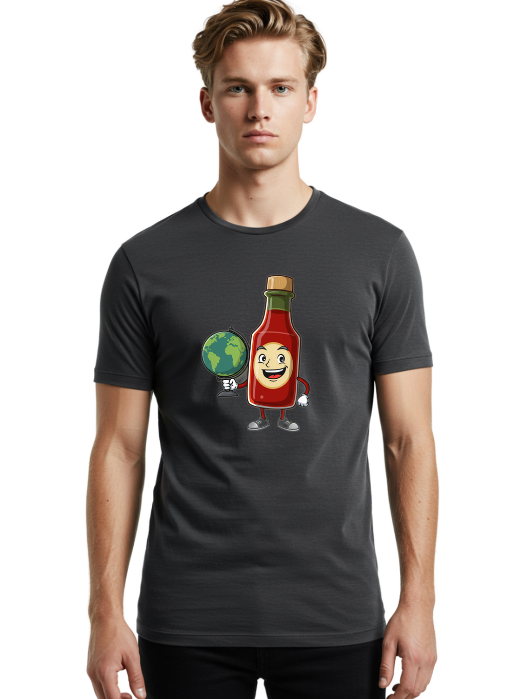 Hot-Sauce-Bottle-3 Men'S Graphic Tee, 100% Cotton, Comfortable Casual Summer Wear, Machine Washable, Hot Sauce Bottle Character, Cartoon Mascot, Smiling Face, Globe, Spicy Food, Condiment, Foodie Culture, Cartoon Style, Funny Illustration Baa827