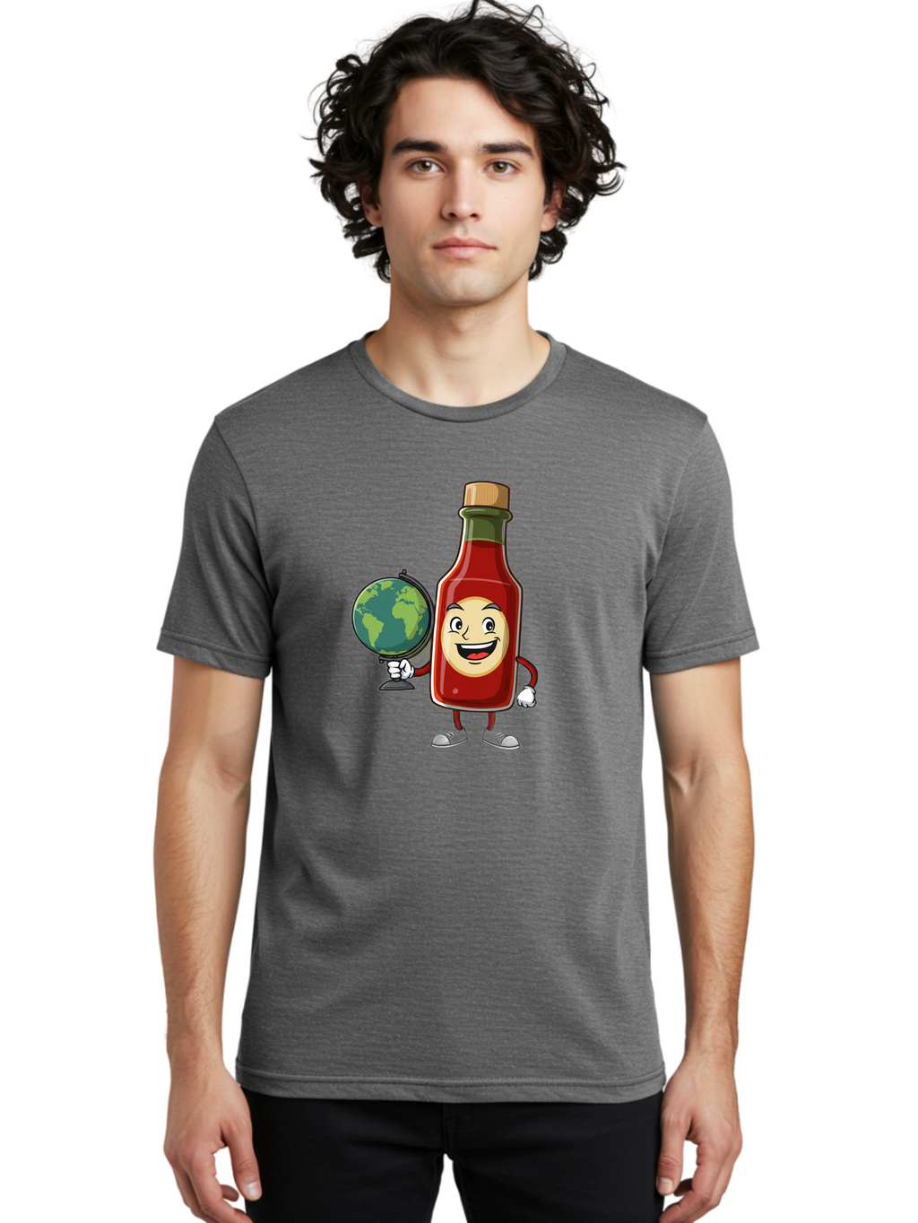 Hot-Sauce-Bottle-3 Men'S Graphic Tee, 100% Cotton, Comfortable Casual Summer Wear, Machine Washable, Hot Sauce Bottle Character, Cartoon Mascot, Smiling Face, Globe, Spicy Food, Condiment, Foodie Culture, Cartoon Style, Funny Illustration Baa827