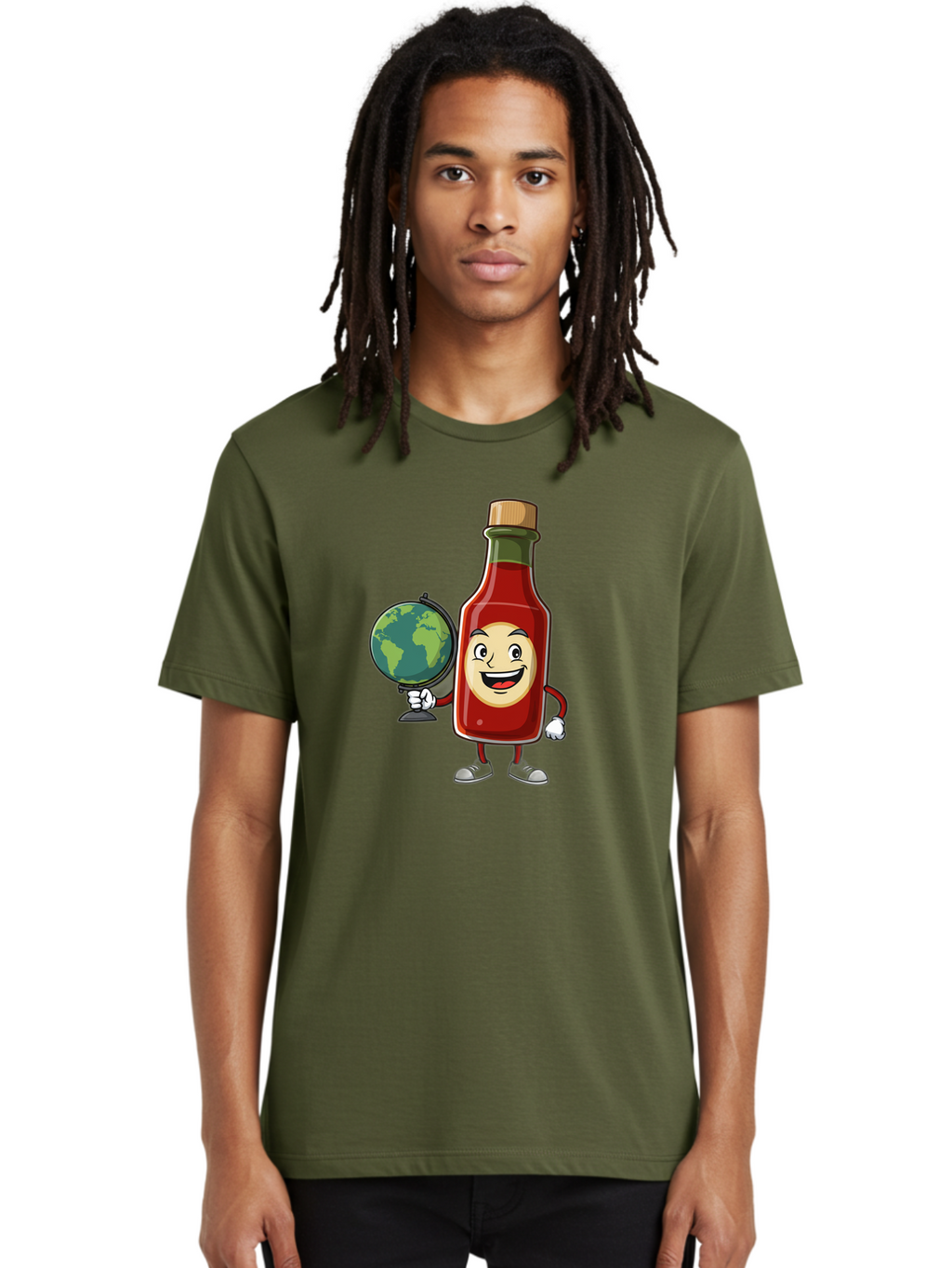 Hot-Sauce-Bottle-3 Men'S Graphic Tee, 100% Cotton, Comfortable Casual Summer Wear, Machine Washable, Hot Sauce Bottle Character, Cartoon Mascot, Smiling Face, Globe, Spicy Food, Condiment, Foodie Culture, Cartoon Style, Funny Illustration Baa827