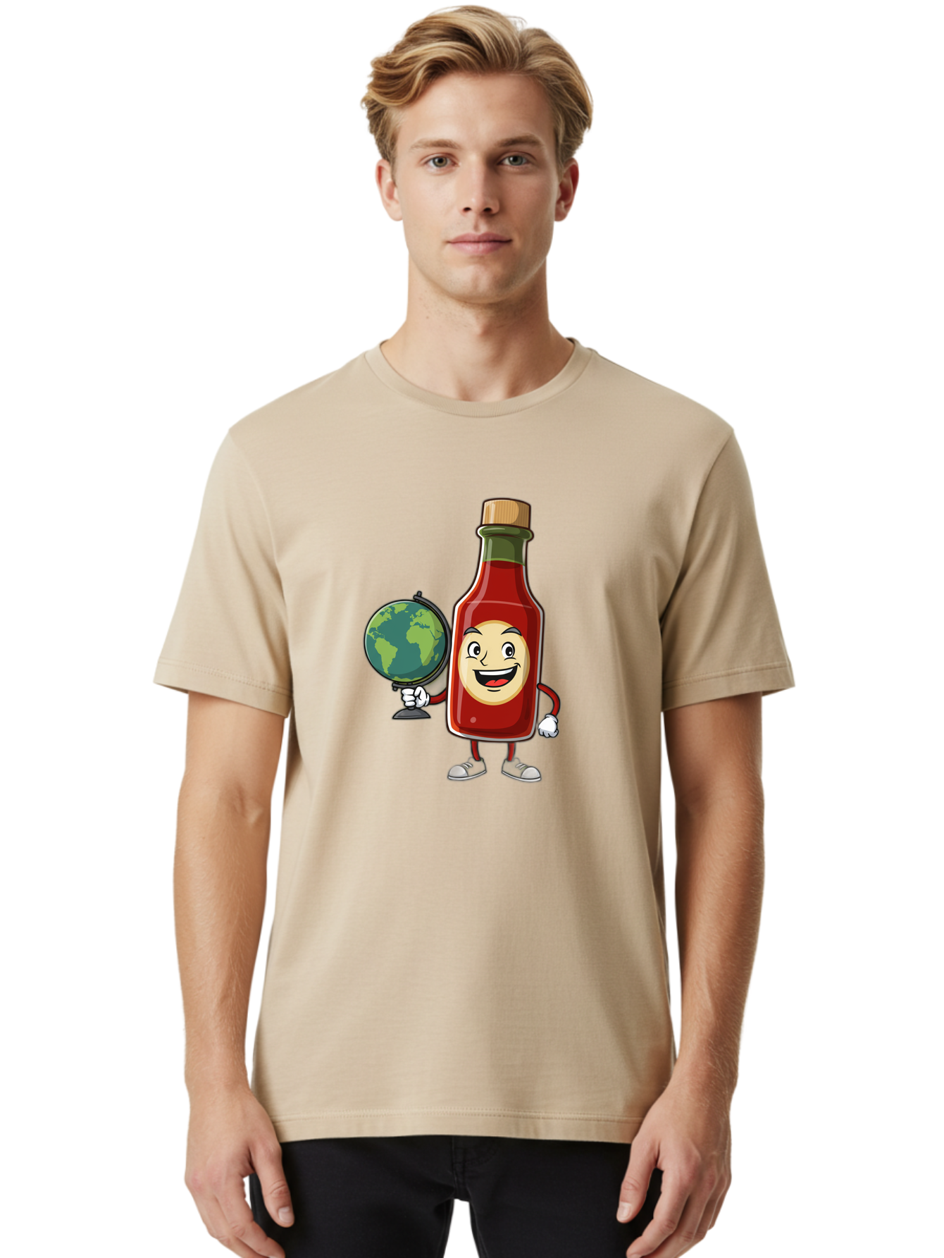 Hot-Sauce-Bottle-3 Men'S Graphic Tee, 100% Cotton, Comfortable Casual Summer Wear, Machine Washable, Hot Sauce Bottle Character, Cartoon Mascot, Smiling Face, Globe, Spicy Food, Condiment, Foodie Culture, Cartoon Style, Funny Illustration Baa827