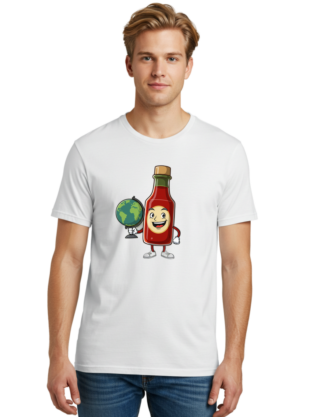 Hot-Sauce-Bottle-3 Men'S Graphic Tee, 100% Cotton, Comfortable Casual Summer Wear, Machine Washable, Hot Sauce Bottle Character, Cartoon Mascot, Smiling Face, Globe, Spicy Food, Condiment, Foodie Culture, Cartoon Style, Funny Illustration Baa827