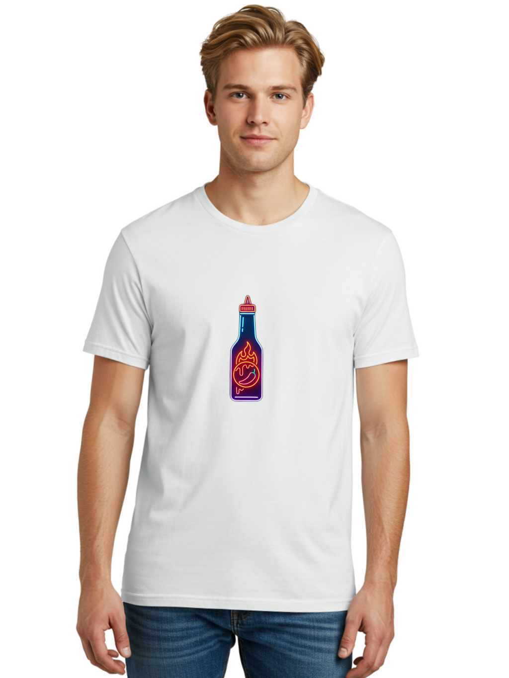 Hot-Sauce-Bottle-8 Men'S Graphic Tee, 100% Cotton, Comfortable Casual Summer Wear, Machine Washable, Hot Sauce Bottle, Spicy Condiment, Chili Pepper, Hot Sauce, Spicy Food, Cooking Ingredient, Cartoon Graphic, Vibrant Design, Neon Outline, Baa832