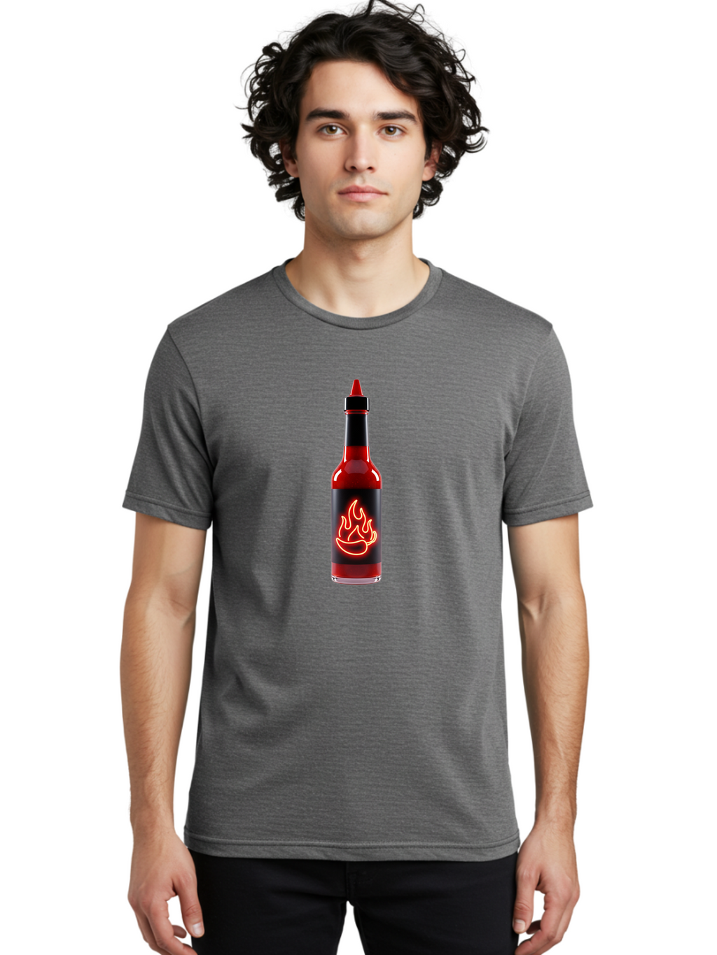 Hot-Sauce-Bottle-9 Men'S Graphic Tee, 100% Cotton, Comfortable Casual Summer Wear, Machine Washable, Hot Sauce, Spicy Condiment, Chili Peppers, Fiery Flavor, Red Sauce, Bottle With Pointed Cap, Neon Flame Design, Black Label Baa833