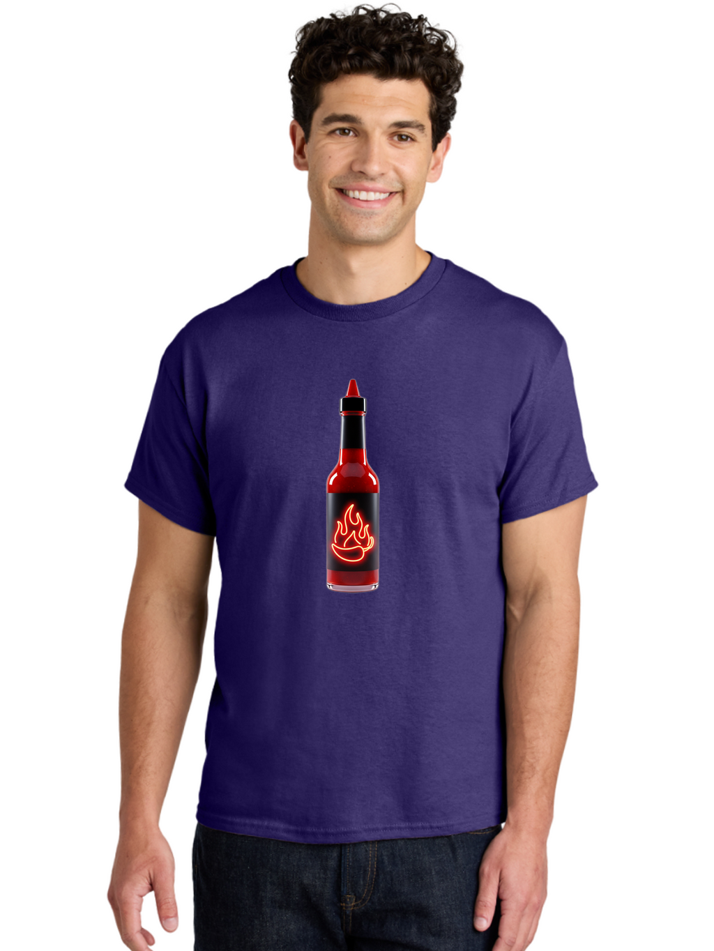 Hot-Sauce-Bottle-9 Men'S Graphic Tee, 100% Cotton, Comfortable Casual Summer Wear, Machine Washable, Hot Sauce, Spicy Condiment, Chili Peppers, Fiery Flavor, Red Sauce, Bottle With Pointed Cap, Neon Flame Design, Black Label Baa833
