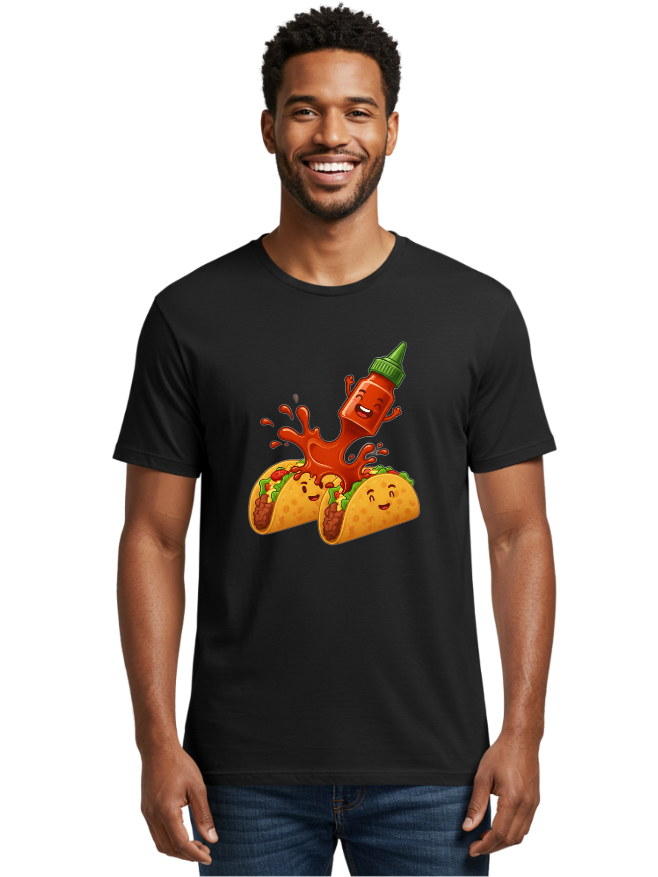 Hot-Sauce-Bottle-And-Tacos Men'S Graphic Tee, 100% Cotton, Comfortable Casual Summer Wear, Machine Washable, Hot Sauce, Ketchup Bottle Character, Cartoon Tacos, Spiky Green Cap, Happy And Playful, Drippy Splatter, Meaty And Leafy Taco Filling, Baa834