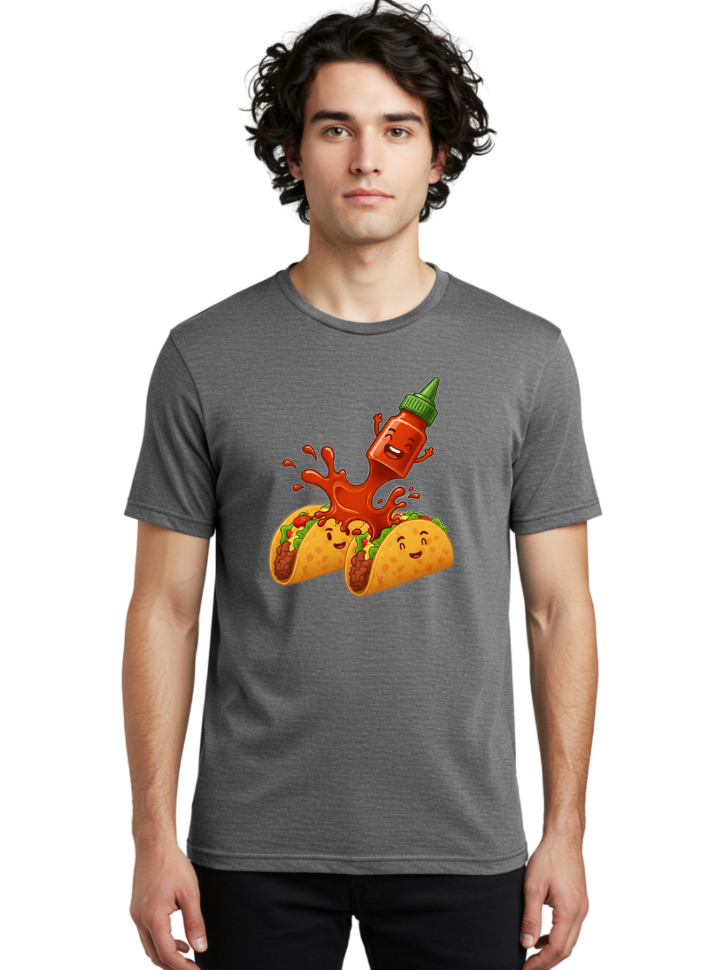 Hot-Sauce-Bottle-And-Tacos Men'S Graphic Tee, 100% Cotton, Comfortable Casual Summer Wear, Machine Washable, Hot Sauce, Ketchup Bottle Character, Cartoon Tacos, Spiky Green Cap, Happy And Playful, Drippy Splatter, Meaty And Leafy Taco Filling, Baa834