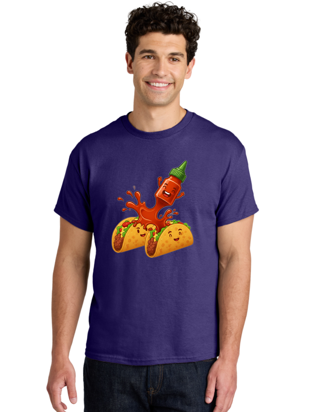 Hot-Sauce-Bottle-And-Tacos Men'S Graphic Tee, 100% Cotton, Comfortable Casual Summer Wear, Machine Washable, Hot Sauce, Ketchup Bottle Character, Cartoon Tacos, Spiky Green Cap, Happy And Playful, Drippy Splatter, Meaty And Leafy Taco Filling, Baa834