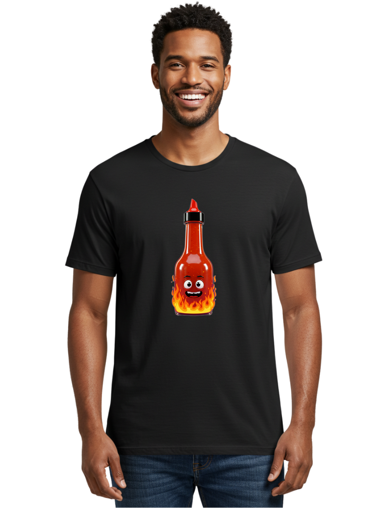 Hot-Sauce-Bottle Men'S Graphic Tee, 100% Cotton, Comfortable Casual Summer Wear, Machine Washable, Hot Sauce Bottle, Cartoon Character, Happy Face, Flames, Spicy Food, Condiment, Cartoon Illustration, Vibrant Colors, Playful Design, Baa835