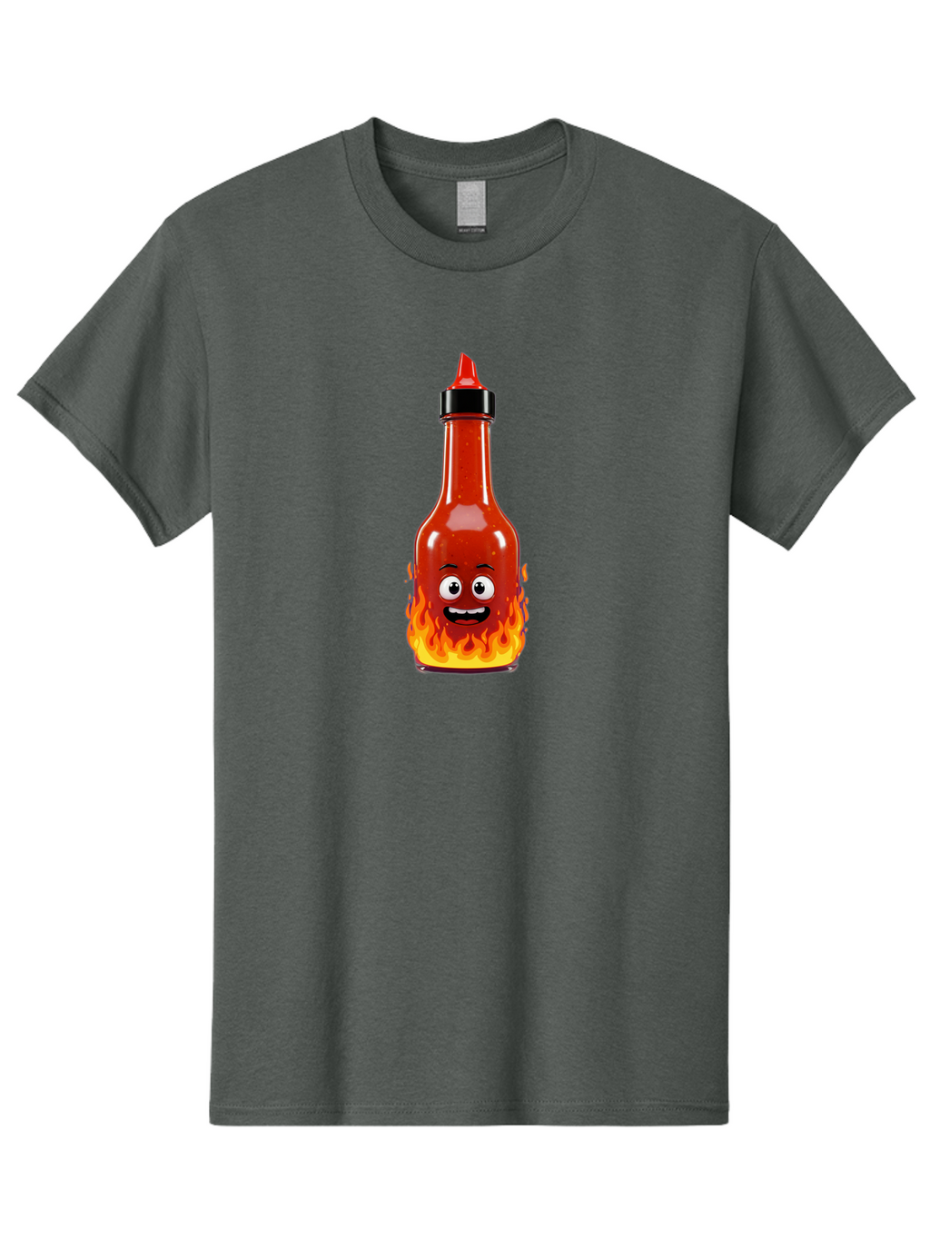 Hot-Sauce-Bottle Men'S Graphic Tee, 100% Cotton, Comfortable Casual Summer Wear, Machine Washable, Hot Sauce Bottle, Cartoon Character, Happy Face, Flames, Spicy Food, Condiment, Cartoon Illustration, Vibrant Colors, Playful Design, Baa835