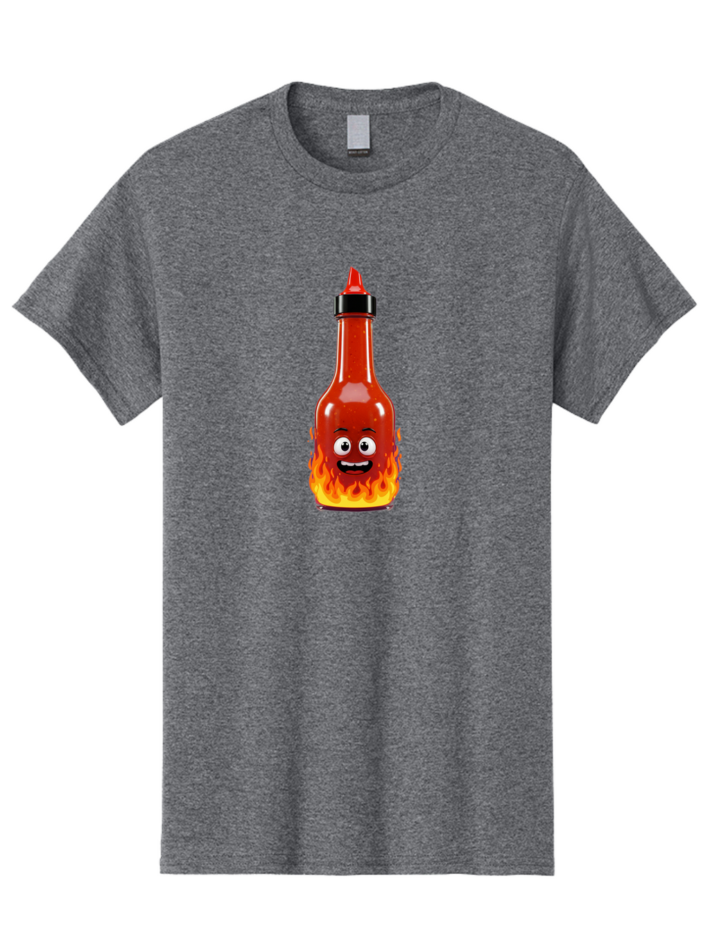 Hot-Sauce-Bottle Men'S Graphic Tee, 100% Cotton, Comfortable Casual Summer Wear, Machine Washable, Hot Sauce Bottle, Cartoon Character, Happy Face, Flames, Spicy Food, Condiment, Cartoon Illustration, Vibrant Colors, Playful Design, Baa835