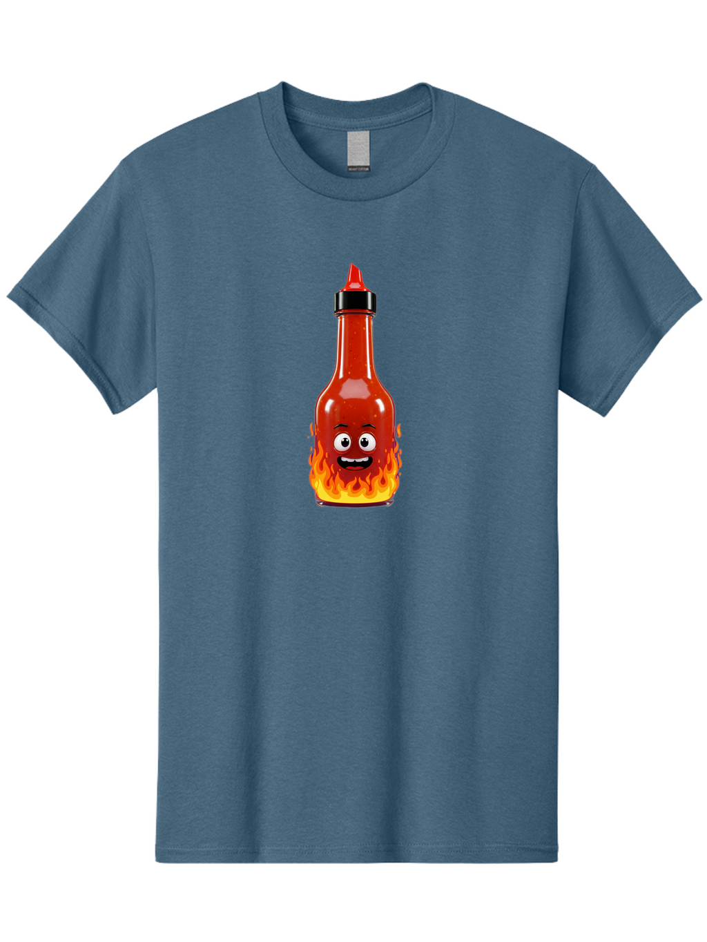 Hot-Sauce-Bottle Men'S Graphic Tee, 100% Cotton, Comfortable Casual Summer Wear, Machine Washable, Hot Sauce Bottle, Cartoon Character, Happy Face, Flames, Spicy Food, Condiment, Cartoon Illustration, Vibrant Colors, Playful Design, Baa835