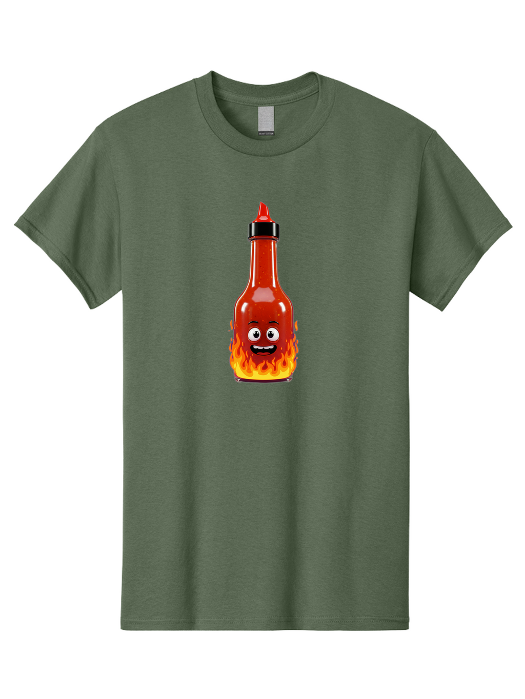 Hot-Sauce-Bottle Men'S Graphic Tee, 100% Cotton, Comfortable Casual Summer Wear, Machine Washable, Hot Sauce Bottle, Cartoon Character, Happy Face, Flames, Spicy Food, Condiment, Cartoon Illustration, Vibrant Colors, Playful Design, Baa835