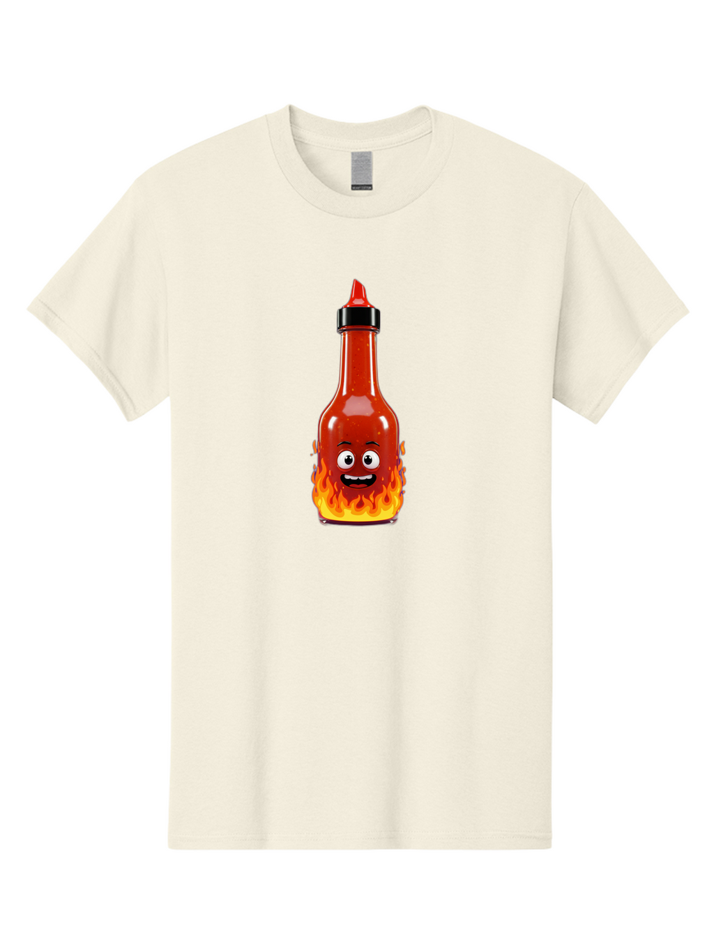 Hot-Sauce-Bottle Men'S Graphic Tee, 100% Cotton, Comfortable Casual Summer Wear, Machine Washable, Hot Sauce Bottle, Cartoon Character, Happy Face, Flames, Spicy Food, Condiment, Cartoon Illustration, Vibrant Colors, Playful Design, Baa835