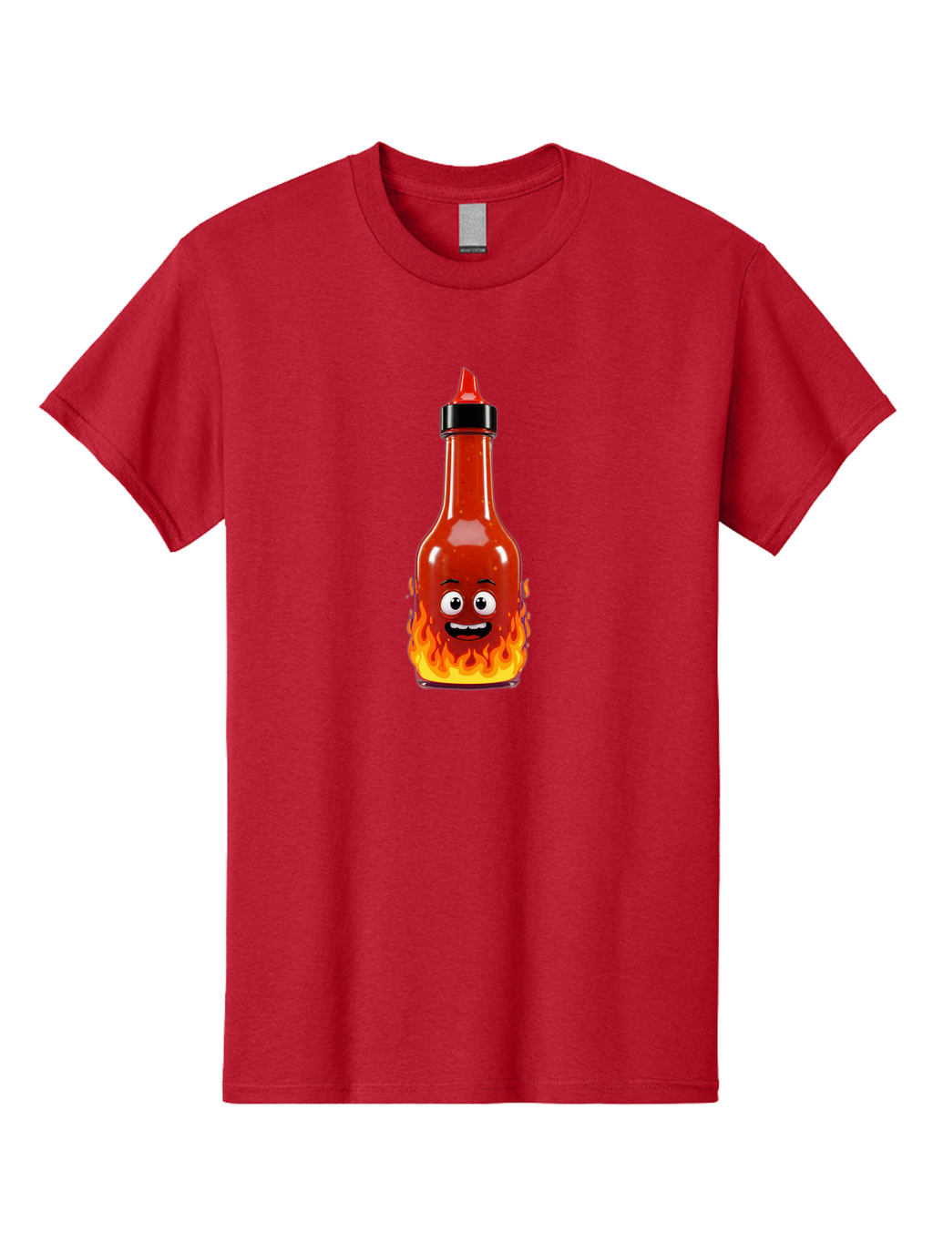 Hot-Sauce-Bottle Men'S Graphic Tee, 100% Cotton, Comfortable Casual Summer Wear, Machine Washable, Hot Sauce Bottle, Cartoon Character, Happy Face, Flames, Spicy Food, Condiment, Cartoon Illustration, Vibrant Colors, Playful Design, Baa835