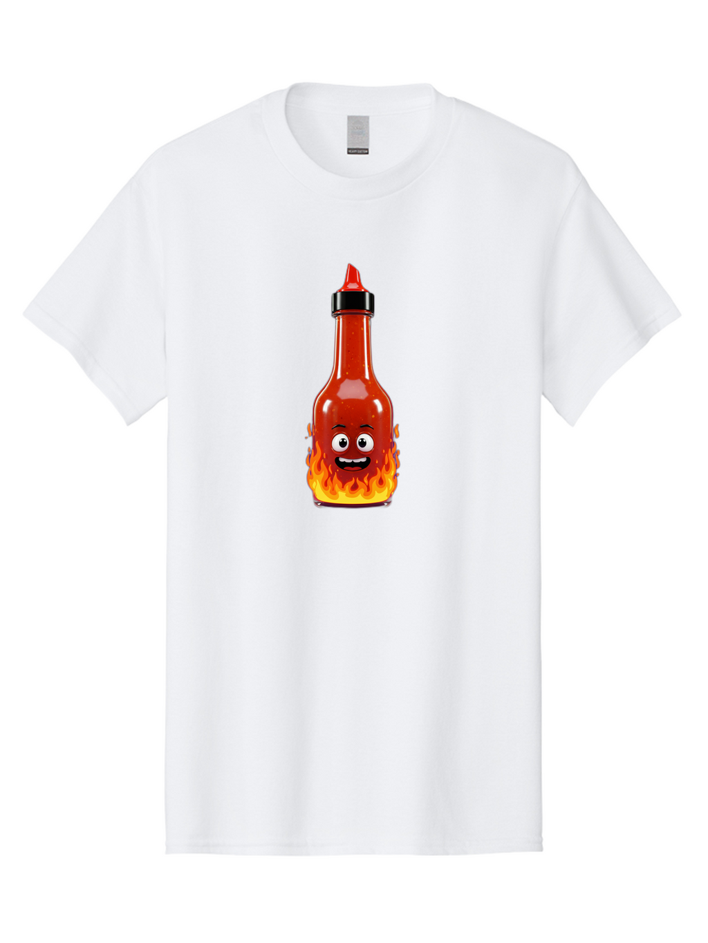 Hot-Sauce-Bottle Men'S Graphic Tee, 100% Cotton, Comfortable Casual Summer Wear, Machine Washable, Hot Sauce Bottle, Cartoon Character, Happy Face, Flames, Spicy Food, Condiment, Cartoon Illustration, Vibrant Colors, Playful Design, Baa835