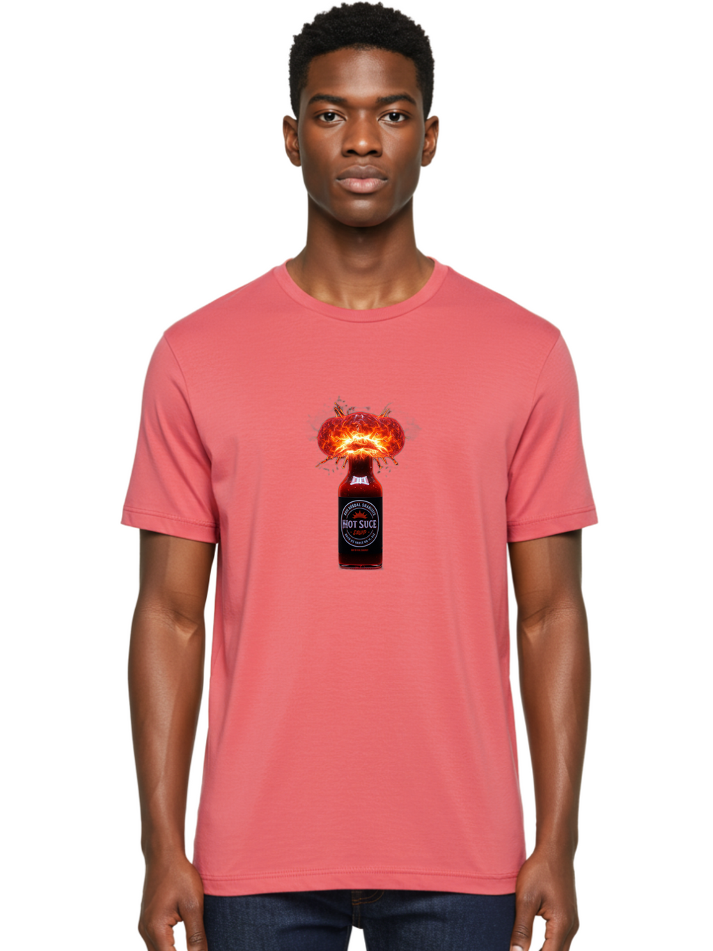 Hot-Suce-Sauce Men'S Graphic Tee, 100% Cotton, Comfortable Casual Summer Wear, Machine Washable, Hot Sauce Bottle, Exploding Sauce, Spicy Condiment, Chili Peppers, Fiery Flavor, Explosive Energy, Hot Sauce Enthusiast, Flavorful Kick, Baa837