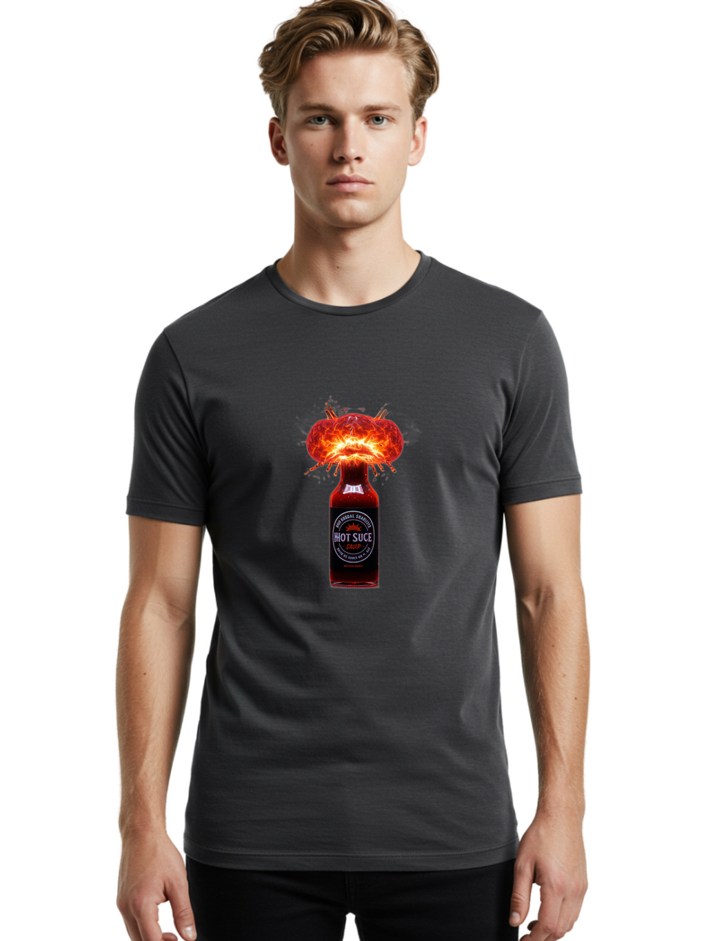 Hot-Suce-Sauce Men'S Graphic Tee, 100% Cotton, Comfortable Casual Summer Wear, Machine Washable, Hot Sauce Bottle, Exploding Sauce, Spicy Condiment, Chili Peppers, Fiery Flavor, Explosive Energy, Hot Sauce Enthusiast, Flavorful Kick, Baa837